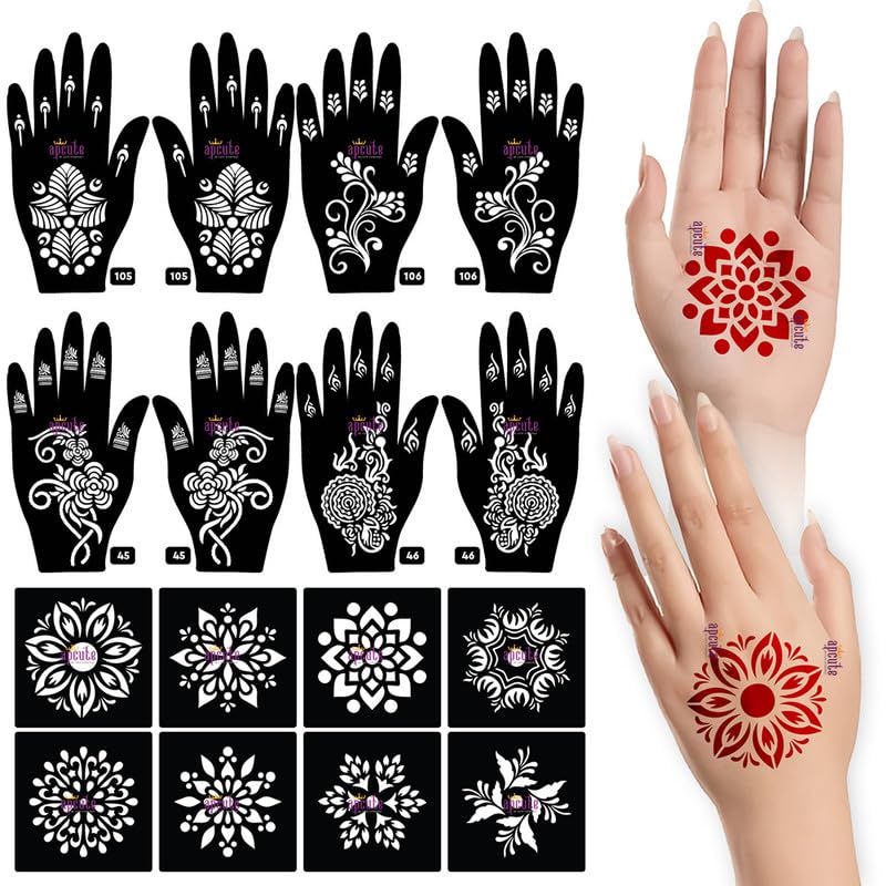 Apcute 18pc Mehndi Stencil Sticker Set - Easy Henna Tattoo Designs for Women, Girls & Kids - Quick DIY Body Art Kit for Parties, Weddings & Festivals (18PC-105-106-45-46)