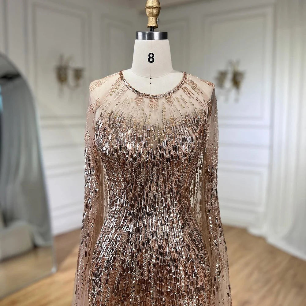 Serene Hill Luxury Gold Cape Sleeves Evening Dresses for Women - 2025 A-Line Beaded Wedding Gowns (LA71416) | Perfect for Bridal Parties, Galas & Formal Events