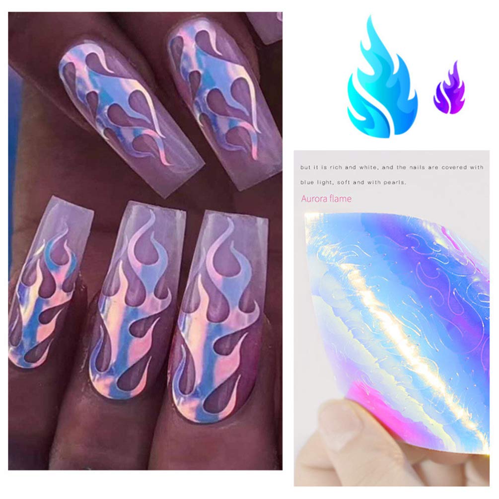 Lurrose Holographic Flame Nail Stickers - 16 Sheets Fire Nail Art Decals, DIY Nail Foils & Adhesive Stencils for Manicure - Perfect for Parties, Halloween, and Festive Nail Designs