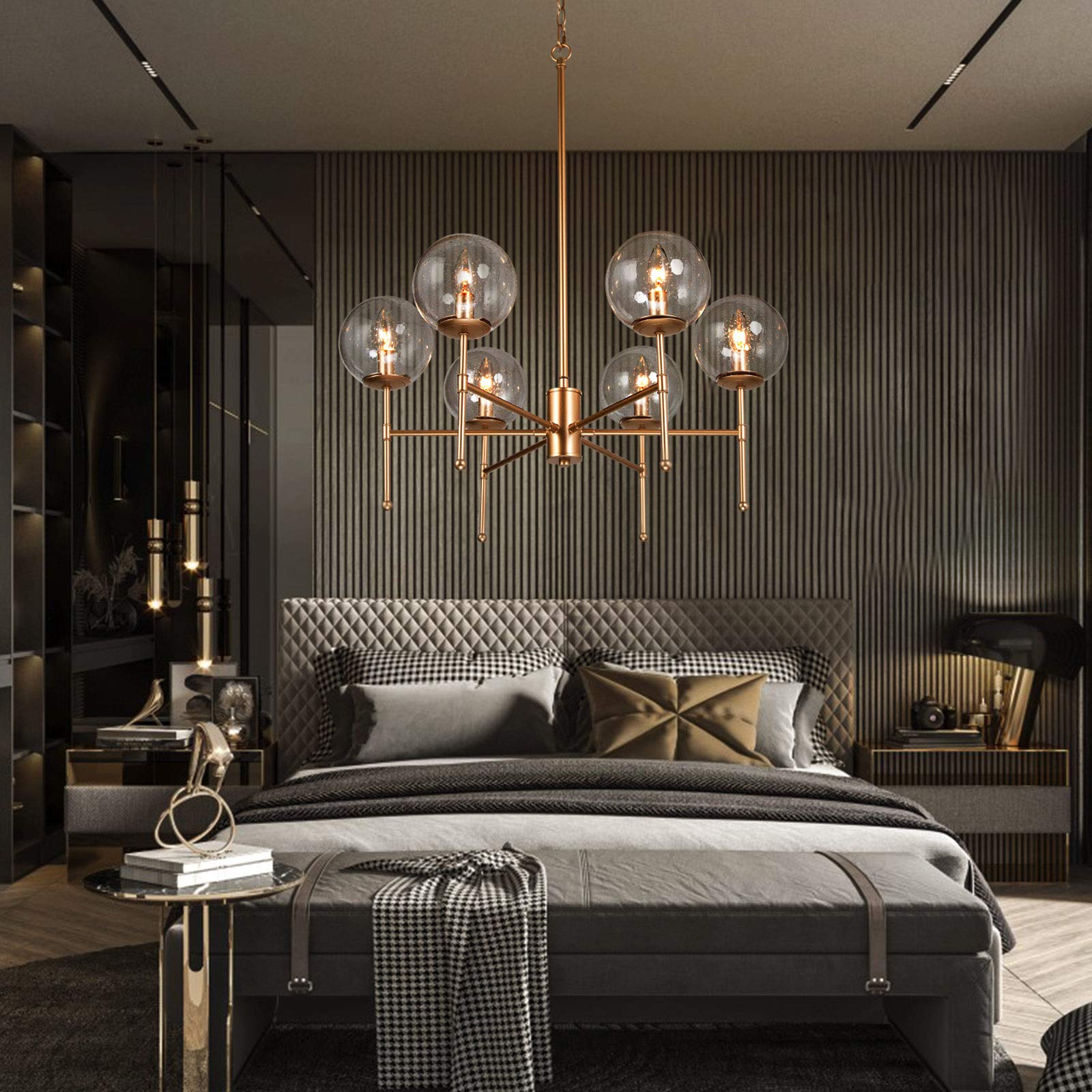 6-Light Gold Globe Chandelier with Seeded Glass Shades - 26'' W x 29.5'' H Modern Pendant Lighting for Dining Room, Living Room & Bedroom | Elegant Ceiling Light Fixture for Home Decor, Wedding & Restaurant Ambiance