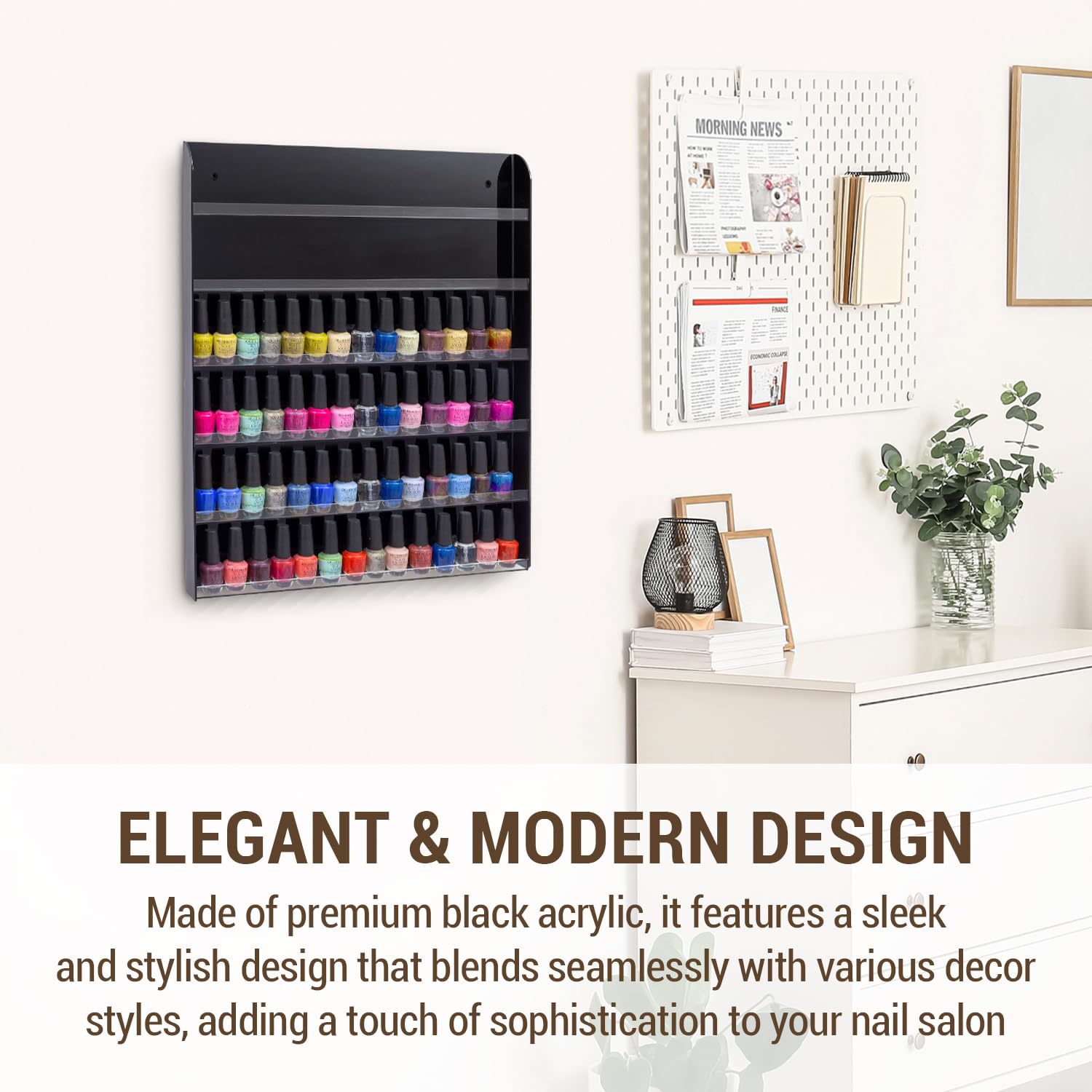 Premium Black Acrylic Wall Mounted Nail Polish Organizer - 6 Tier Salon Display Shelf Holds 102 Bottles for Home & Professional Nail Salon Storage
