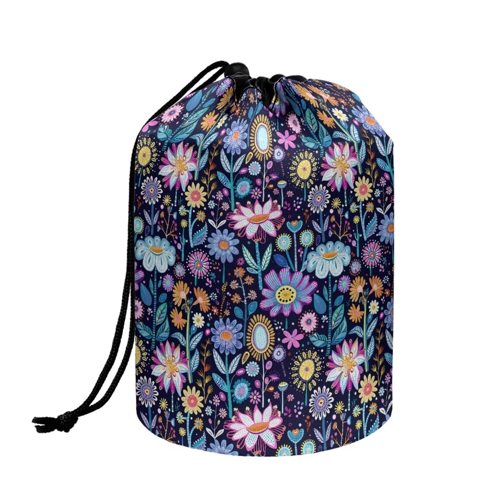 Poceacles Hippie Flower Lotus Blue Drawstring Makeup Bag | Foldable Travel Cosmetic Case | Large Capacity Bucket Toiletry Organizer for Women | Perfect for Travel, Gym & Daily Storage