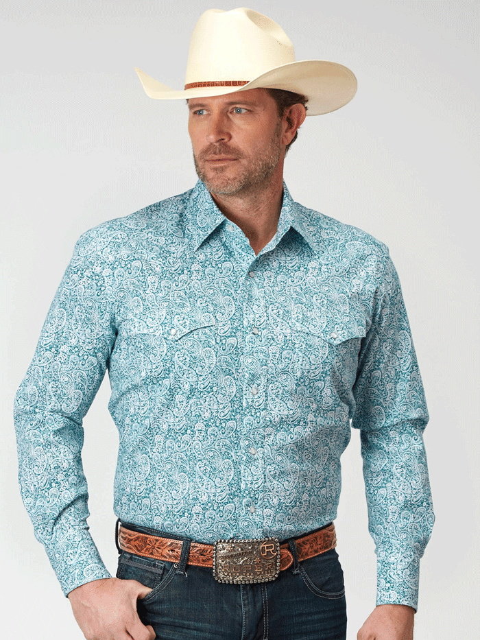 Roper Men's All Over Paisley Print Snap Shirt in Teal - Western Style Casual Button Up Shirt for Cowboy, Country Music Festivals & Outdoor Events