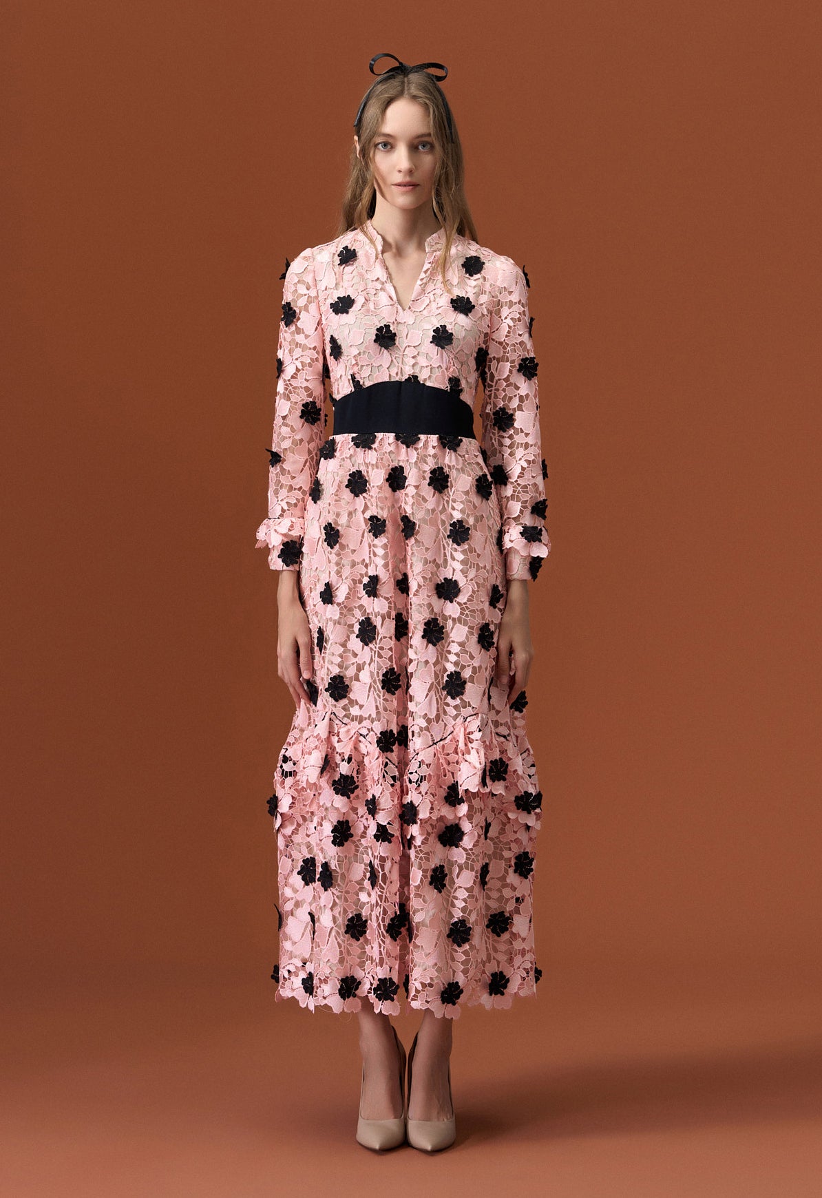 Elegant Black Lace Detailing Pink Jacquard Evening Dress for Women - Perfect for Prom, Cocktail Parties & Formal Events