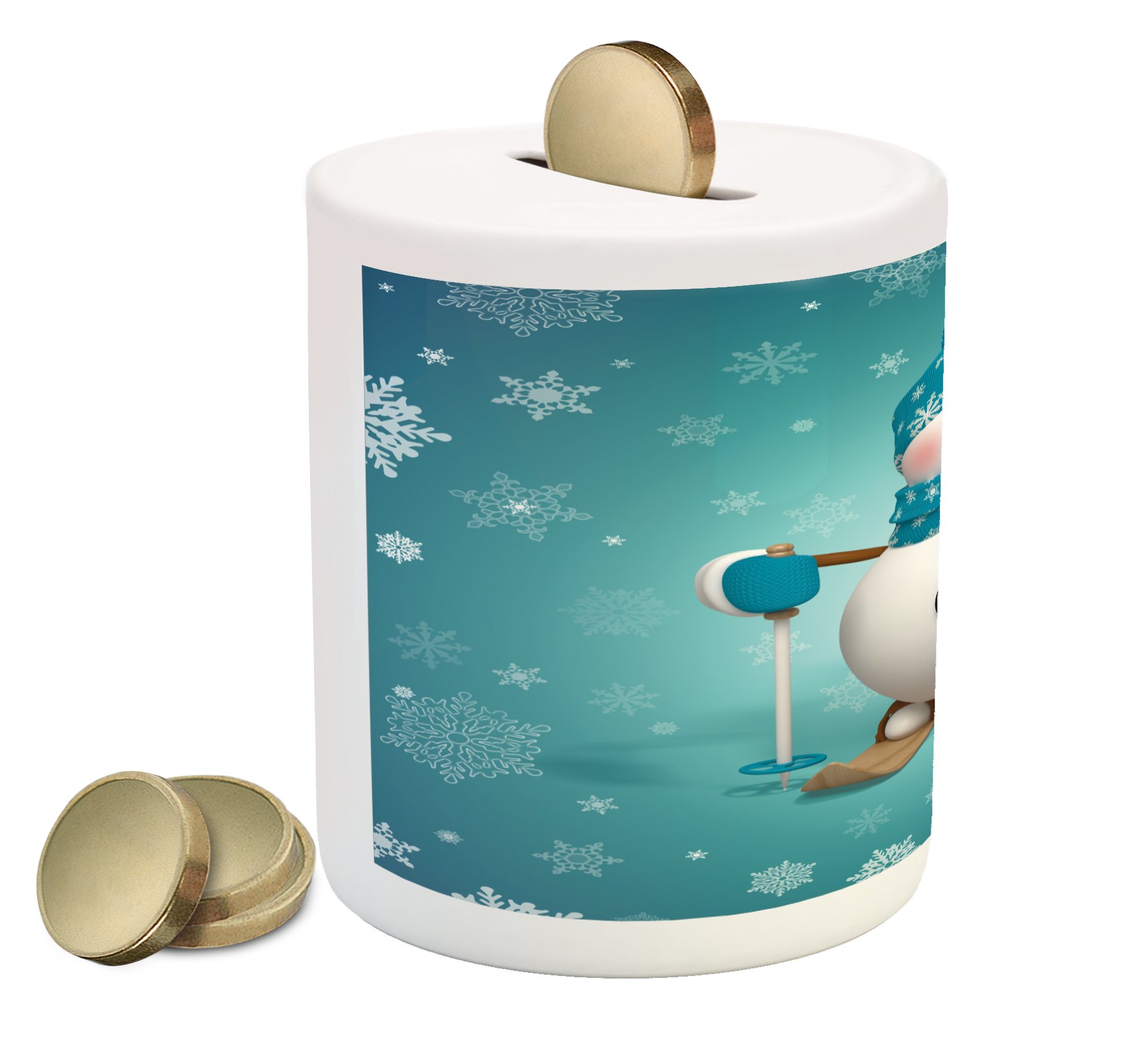 Ambesonne Ceramic Snowman Piggy Bank - Skiing with Ornate Snowflakes Design for Cash Saving | Winter Themed Money Box for Kids & Adults | Perfect for Holiday Savings, Birthday Gifts & Home Decor (Turquoise, White, Pale Brown)