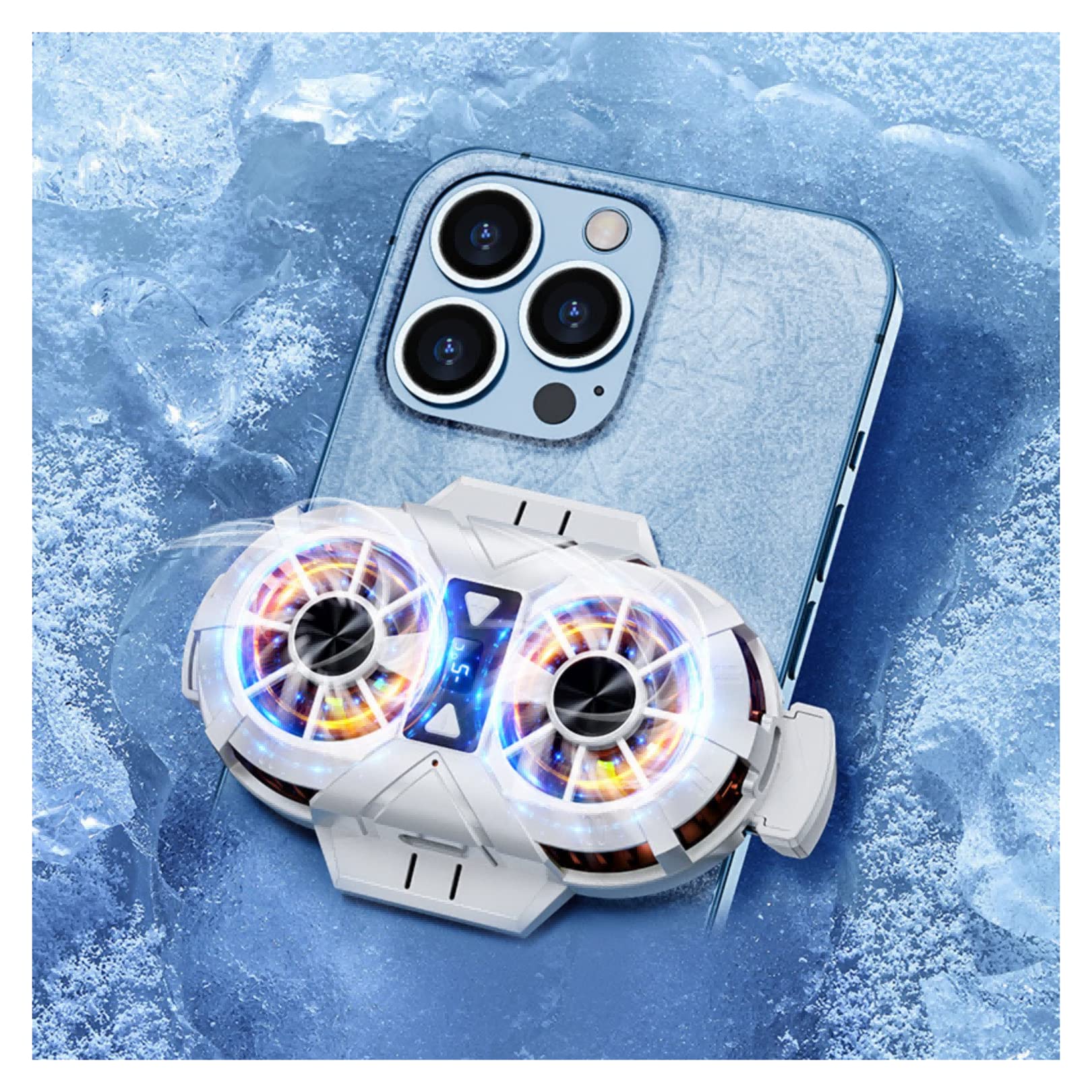 High-Performance Dual Fan Phone Cooler with LED Lighting & Silent Clip - Type-C Charging Ports for Mobile Gaming & Streaming - White Cooling Radiator for Smartphone Heat Dissipation