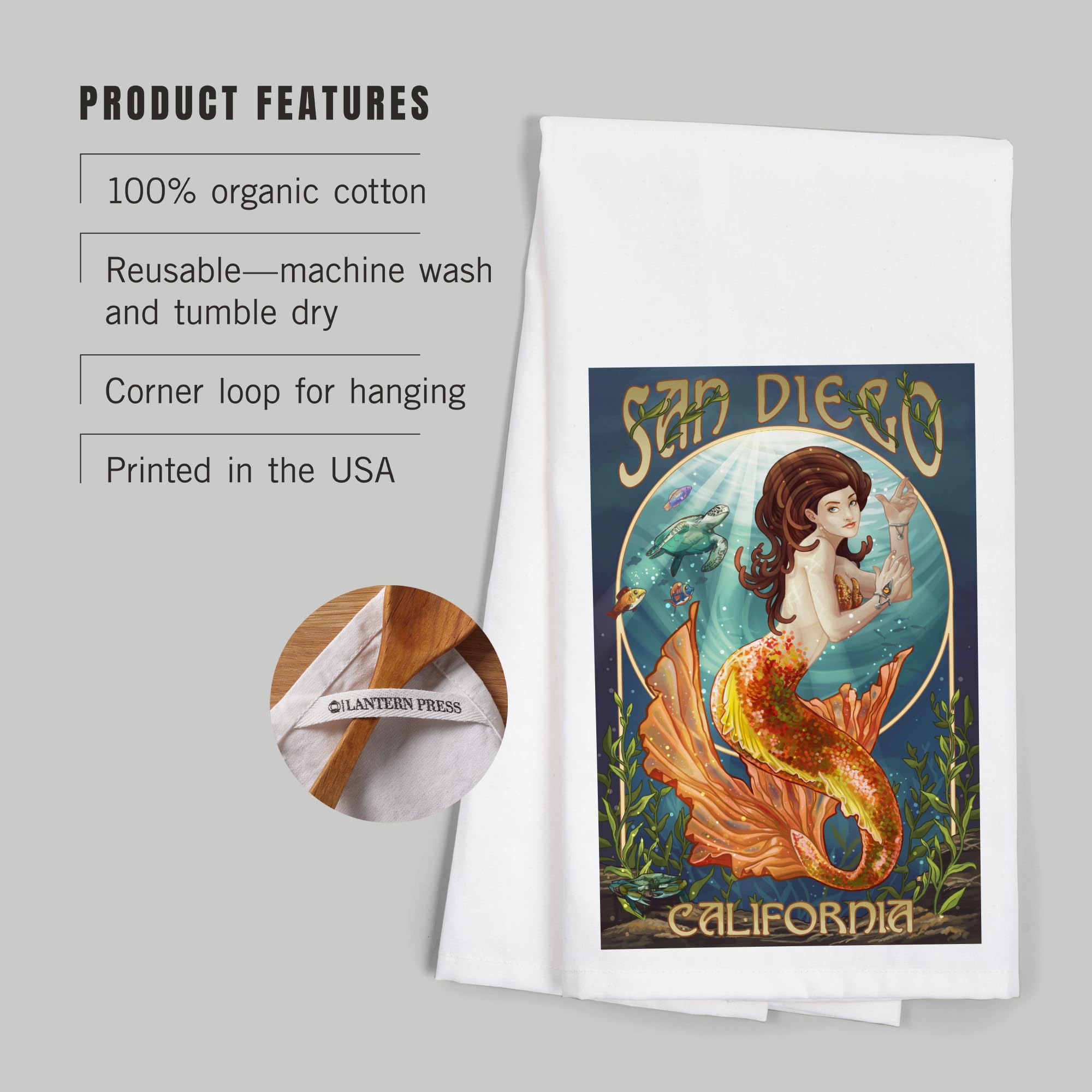 Lantern Press San Diego California Mermaid Tea Towel - 100% Cotton Decorative Hand Towel for Kitchen & Home Decor - Perfect for Dish Drying, Gift Giving & Coastal Themed Spaces