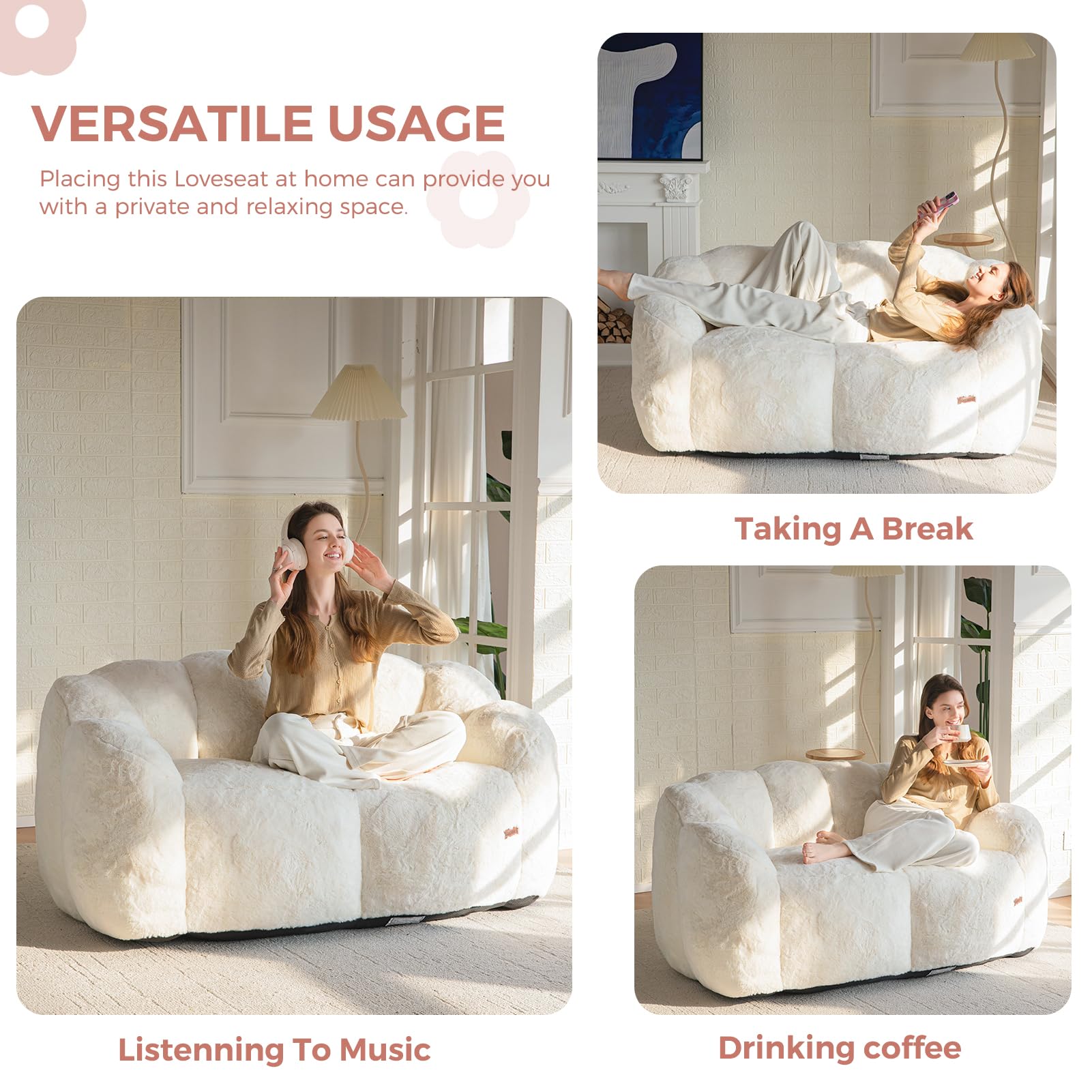 MAXYOYO Ultra Soft Faux Fur Bean Bag Chair - Double Size Loveseat with Floral Petal Back Design for Adults (Beige) | Perfect for Living Room, Bedroom, Dorm & Game Room Relaxation