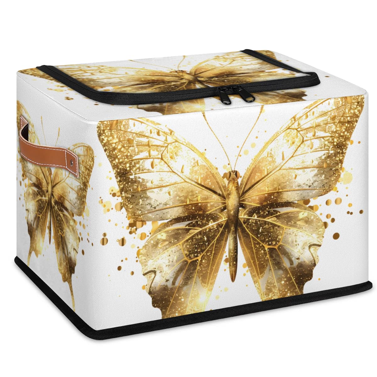 Gold Butterfly Storage Boxes with Sturdy Handles & Zipper Lid - 2 Pack Organizer Bins for Clothing, Toys, and Home Organization | Perfect for Bedroom, Closet, and Kids Room Storage