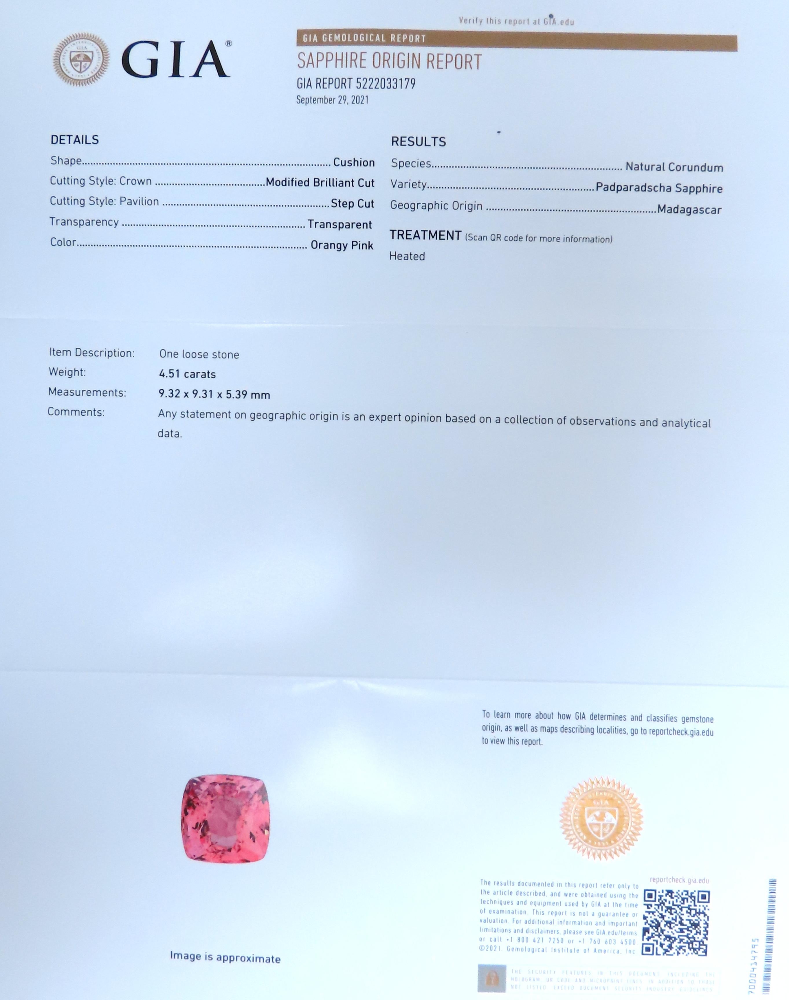 GIA Certified 4.51ct Natural Padparadscha Sapphire Diamond Ring in 18K Gold with Halo Setting - Perfect for Engagement, Anniversary & Special Occasions