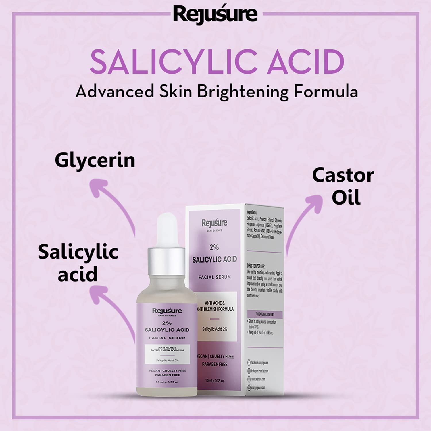Rejusure 2% Salicylic Acid Face Serum for Acne, Blackheads & Oily Skin - Pore Minimizer & Oil Control Treatment - Dermatologist Tested, Cruelty Free (10ml) - Perfect for Daily Skincare Routine & Blemish-Prone Skin