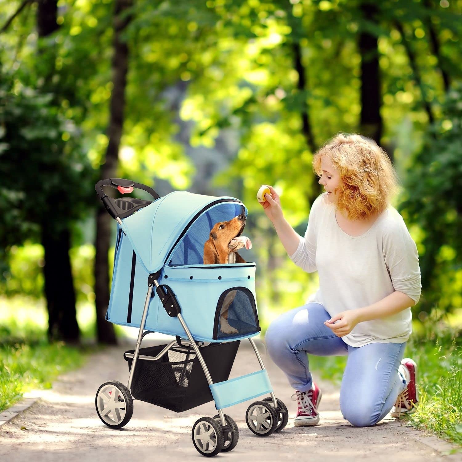 Premium Pet Stroller for Dogs & Cats - 4-Wheel Folding Carrier for Small Animals up to 30lbs, Breathable Mesh & Sunshade - Perfect for Jogging, Walking & Travel (Blue) | Ideal for Park Visits, Vet Trips & Outdoor Adventures