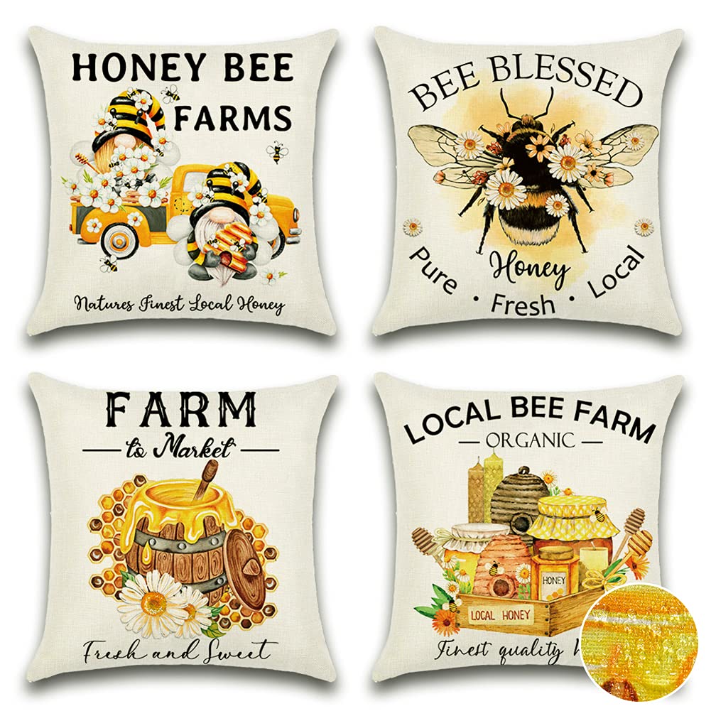 OTOSTAR 4-Pack Waterproof Outdoor Decorative Pillow Covers - 18x18 Inch Square Cushion Cases for Patio Furniture, Garden, Couch, Tent & Bench (Bee Farm Design) - Perfect for Outdoor Living, Backyard Decor & Weather-Resistant Home Accents