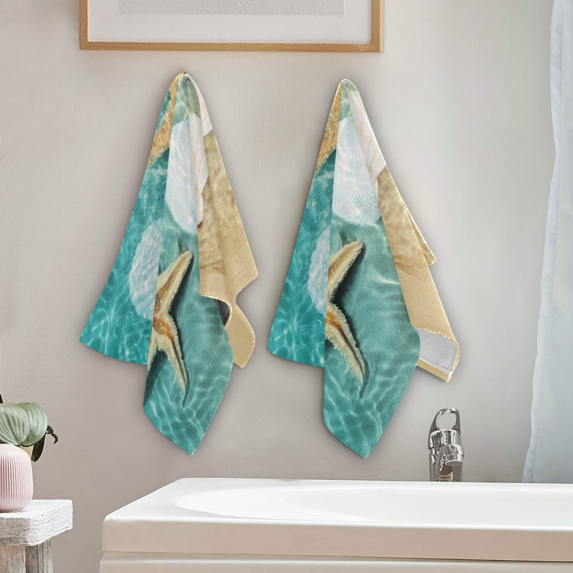 KLL Soft Bathroom Hand Towels Set of 2 - 14x28 Inch Starfish & Seashell Beach Themed Towels for Hand, Face, Hair | Absorbent & Decorative for Kitchen, Bathroom & Tea Time | Summer Beach House Decor