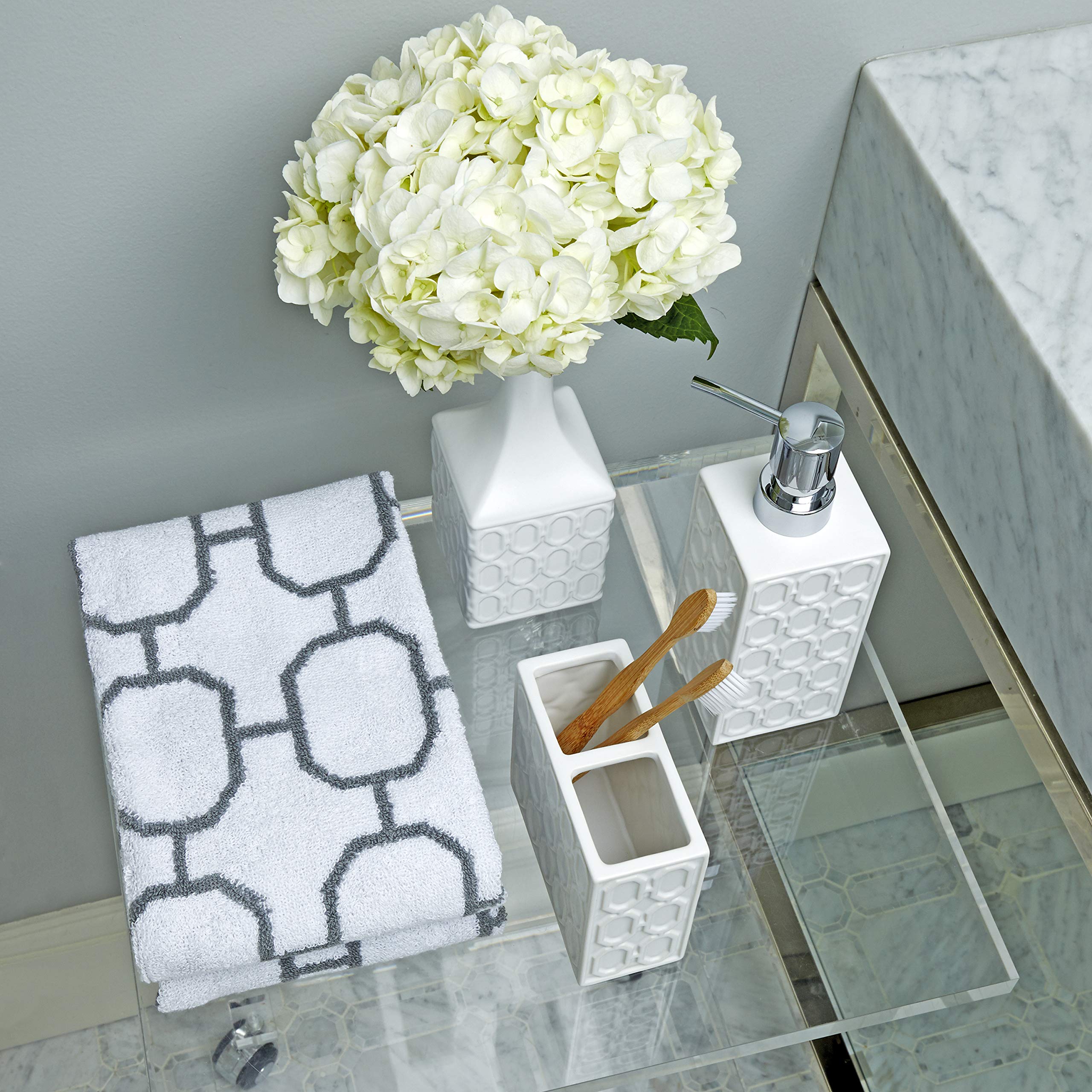 SKL Home Lithgow 5-Piece Bathroom Accessory Set - Modern White Ceramic Soap Dispenser, Toothbrush Holder, Tumbler & Tray - Perfect for Bathroom Organization & Spa-Like Decor