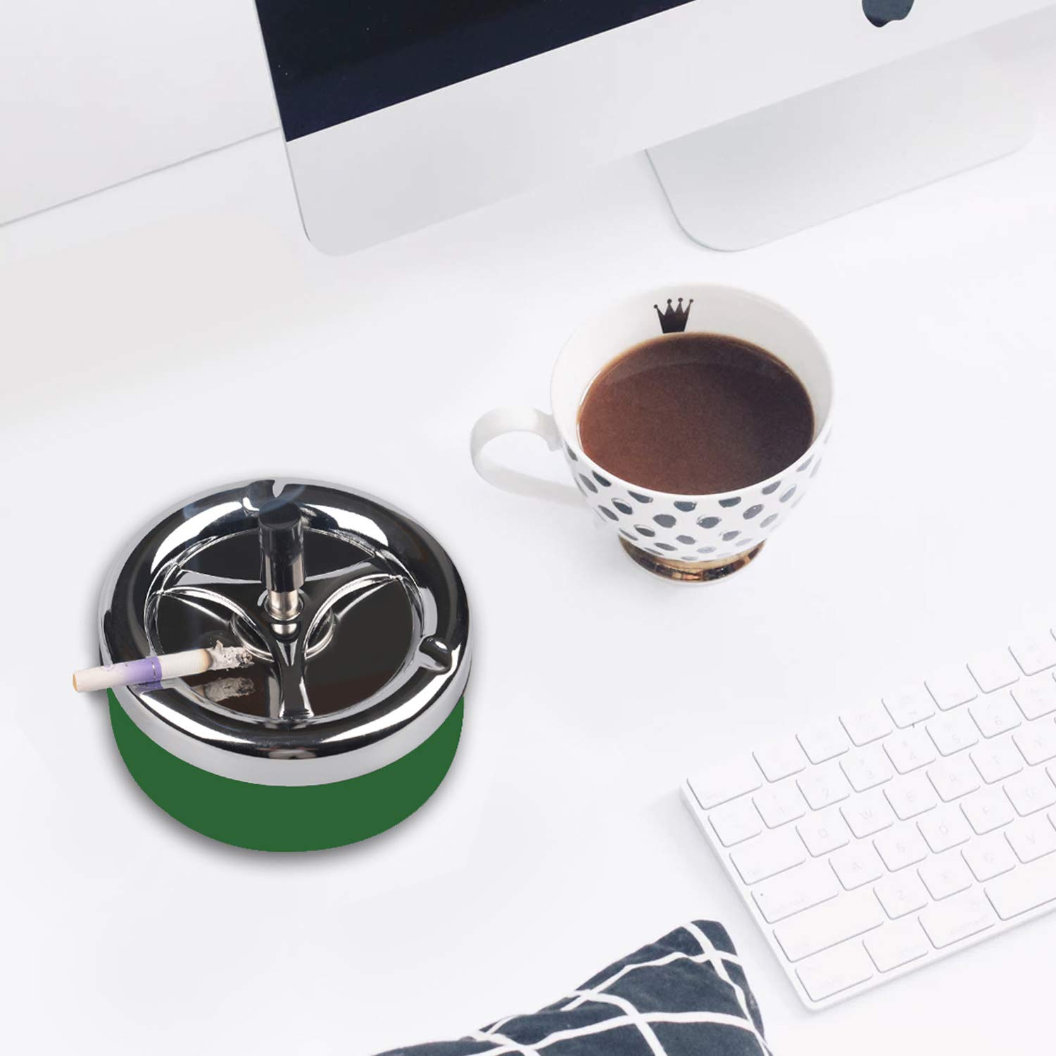 Premium Stainless Steel Modern Round Push Down Cigarette Ashtray with Spinning Tray - Indoor/Outdoor Desktop Smoking Ash Tray for Home, Office, Patio & Garden (Green) | Elegant Smoking Accessory for Cigars & Cigarettes