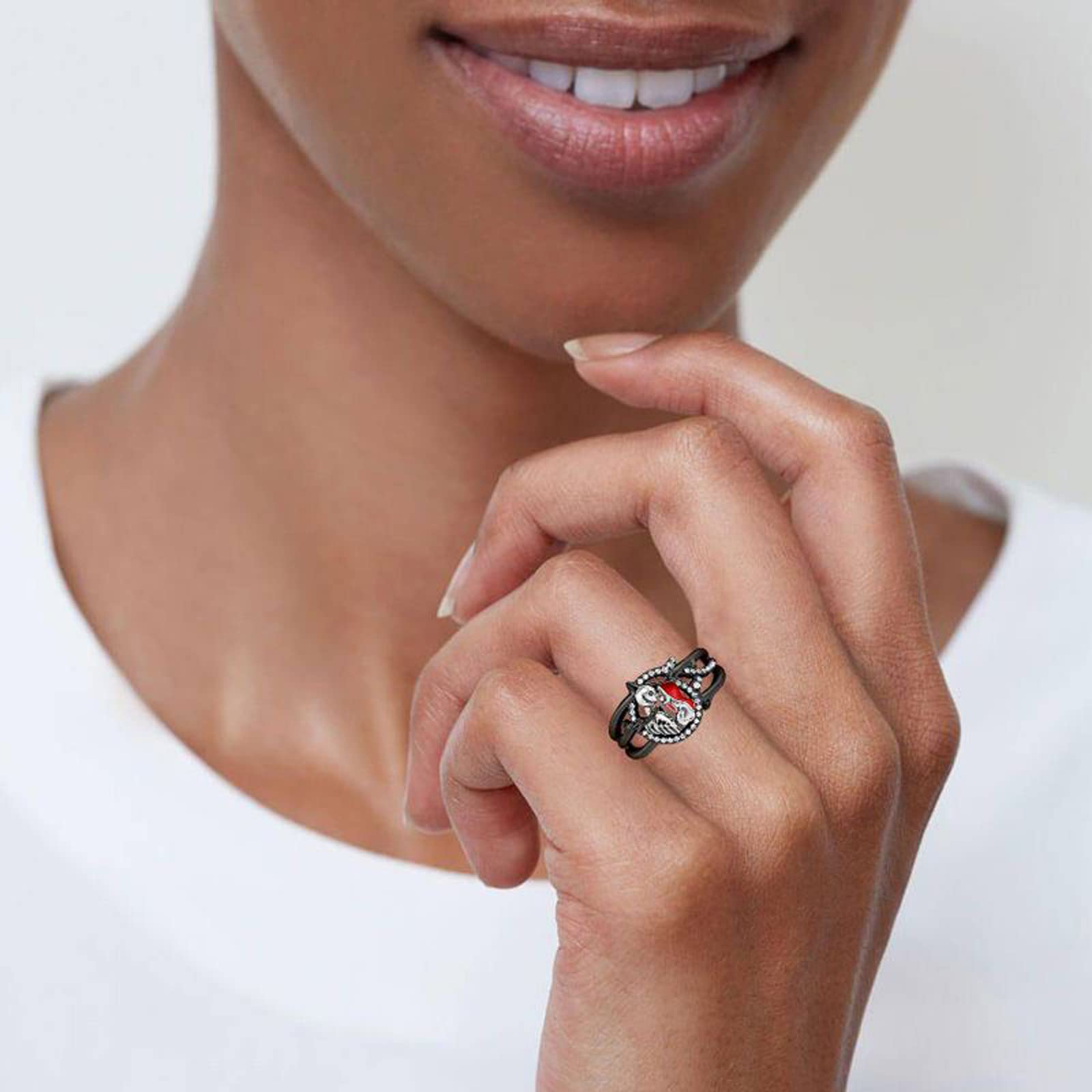 Gothic Skull Diamond Ring - Sterling Silver Jack & Sally Skeleton Band for Women | Halloween Jewelry, Engagement, Anniversary & Christmas Gift with Box | Perfect for Cosplay, Gothic Fashion & Special Occasions