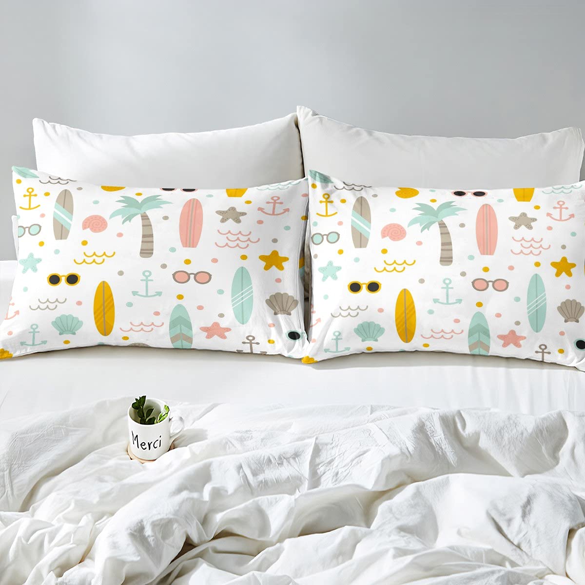Nautical Anchor Bed Sheet Set for Kids Boys Girls Teens - Twin Size Hawaii Palm Tree Surfboard Ocean Beach Bedding Set with Starfish Coastal Sea Animal Design - Fitted Sheet, Flat Sheet & Pillowcase - Perfect for Beach Themed Bedrooms, Coastal Decor & Summer Vacation Homes