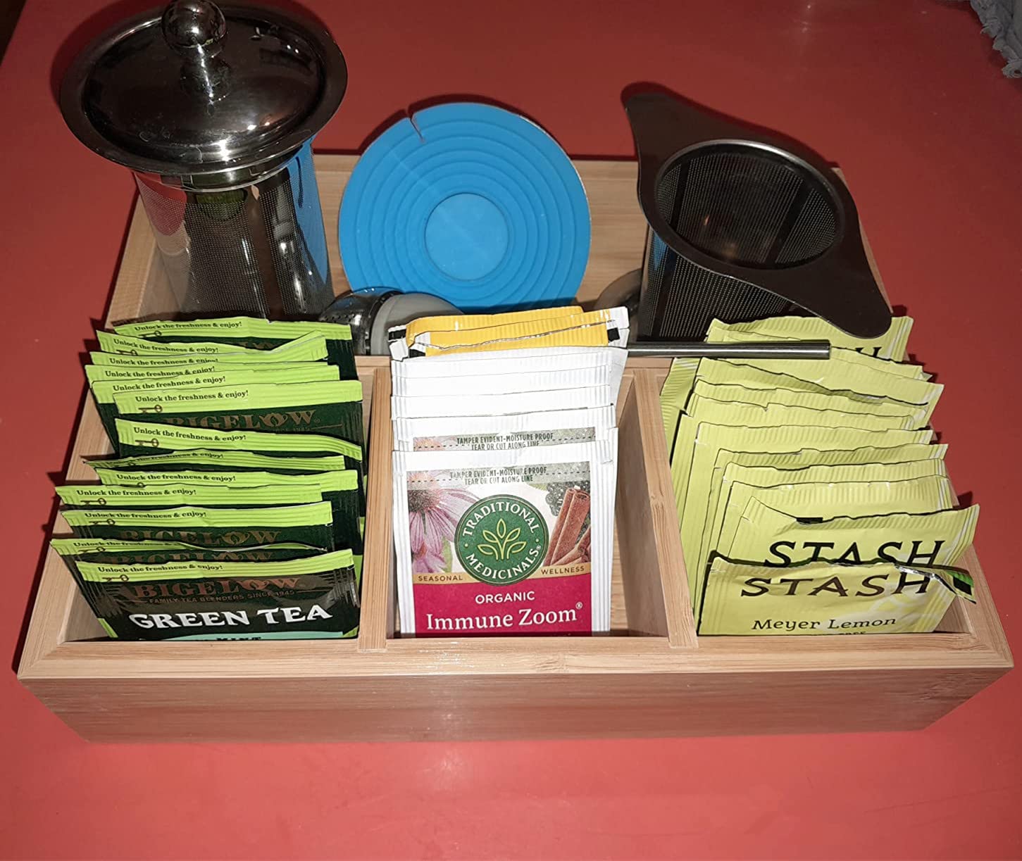 Stainless Steel Tea Bag Holder & Coffee Condiment Organizer - Compact Storage for Tea Bags, Sugar Packets & Coffee Pods - Perfect for Kitchen Countertop, Office Breakroom & Coffee Station Organization