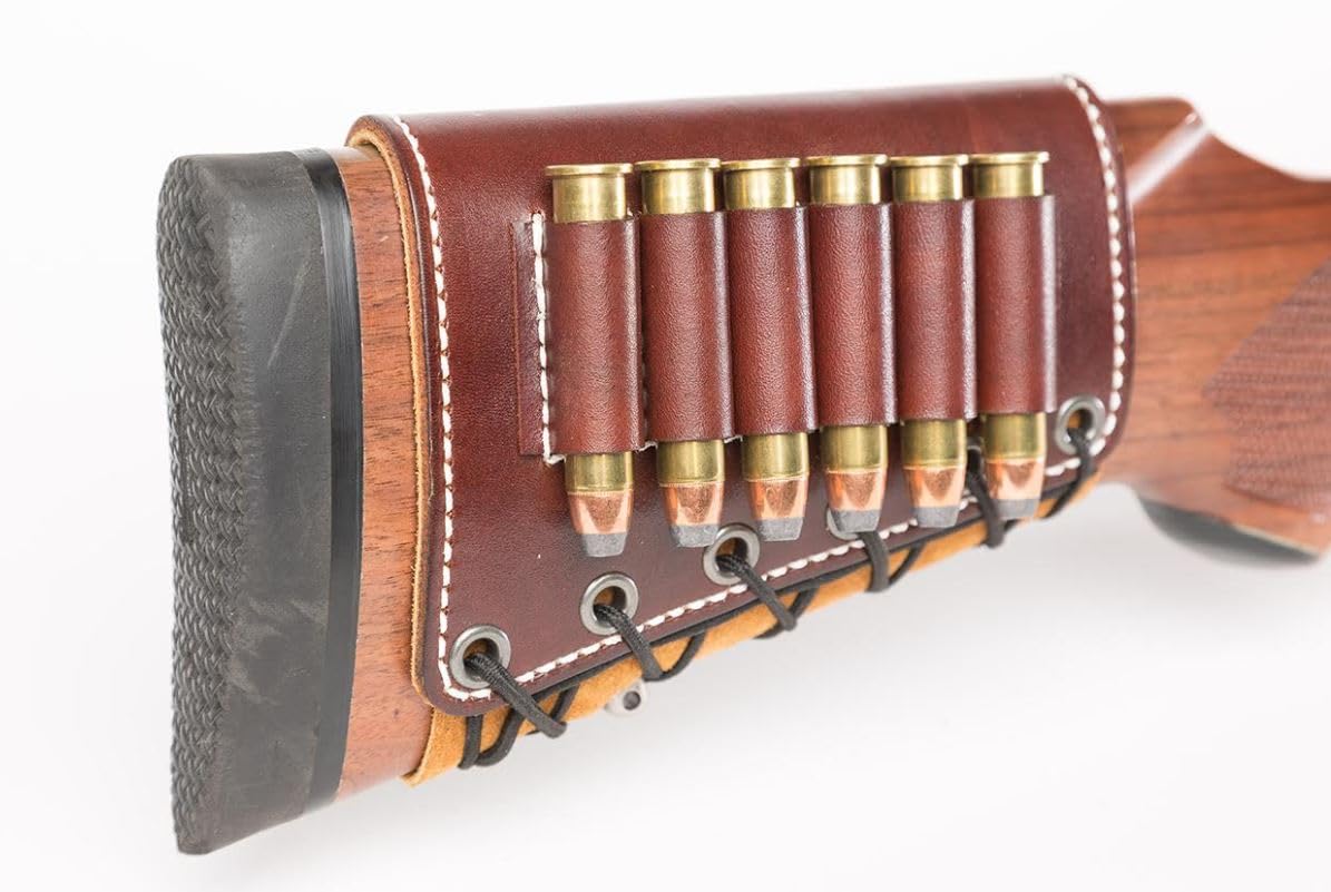 Diamond D Leather Rifle Butt Cuff - 6 Loop Ammo Carrier for 300 Win Mag - Premium Brown Leather Rifle Stock Accessory for Hunting & Shooting Sports