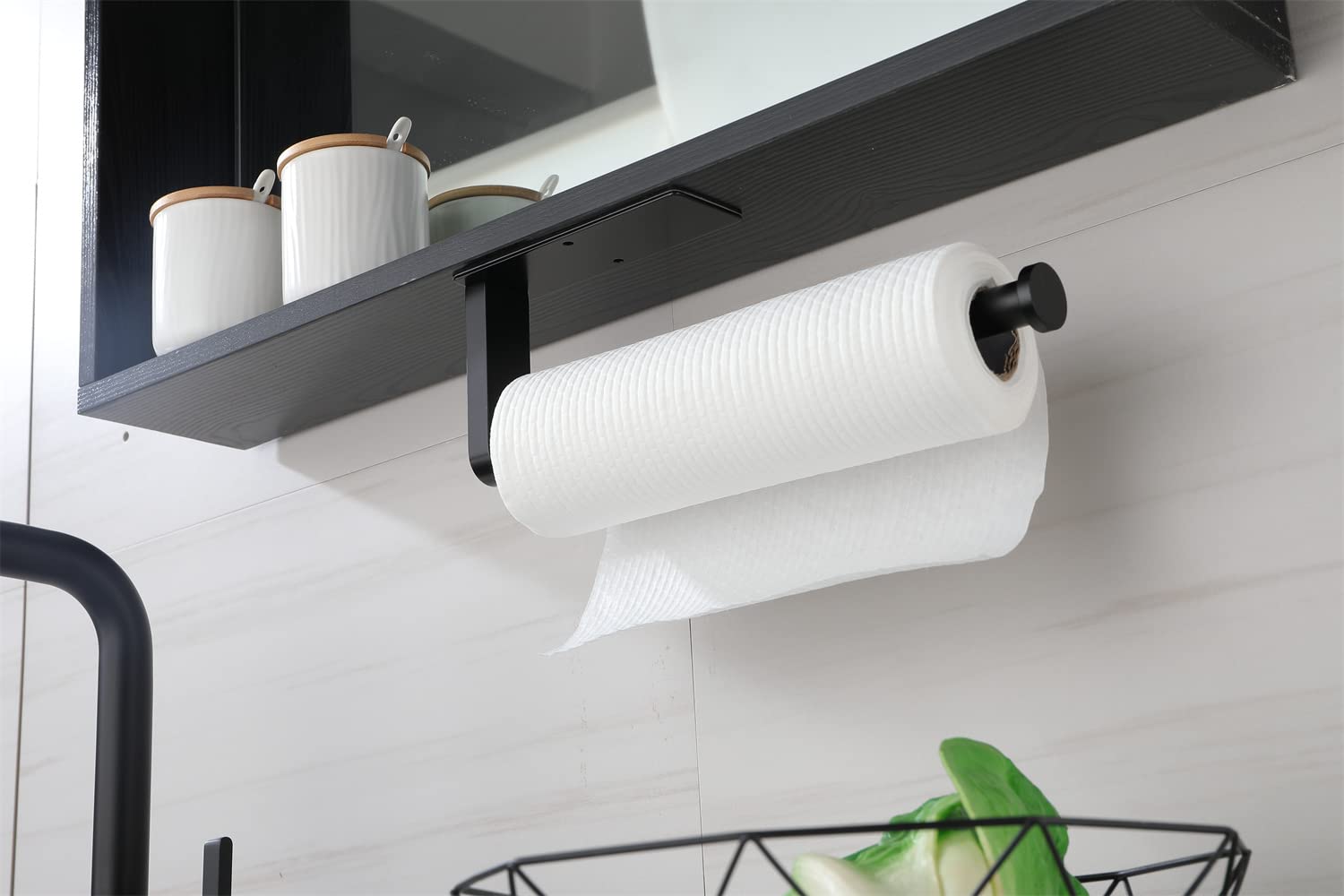 Stainless Steel Wall Mount Paper Towel Holder - 12 Inch Under Cabinet Adhesive or Screw Mount - Matte Black for Kitchen, Bathroom & Office Use