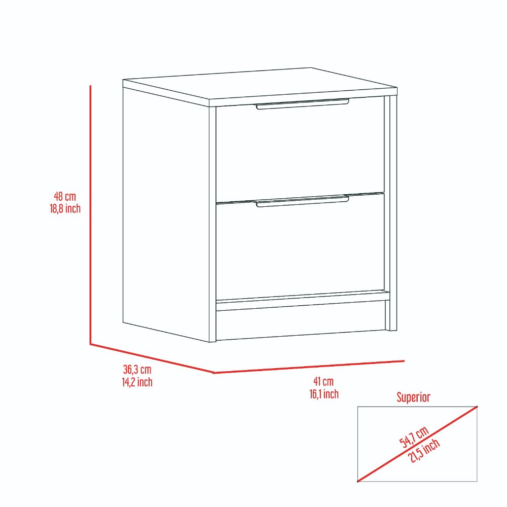 Tuhome Kaia Nightstand with Two Drawers and Metal Handles - Smokey Oak/White Finish for Bedroom Furniture and Home Decor