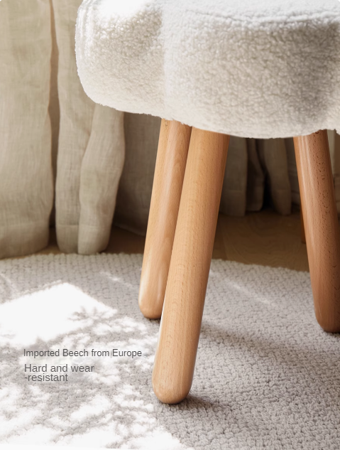 Nordic Style Solid Wood Makeup Stool - Beech & Birch with Lamb Velvet Cloud Cushion for Vanity, Dressing Table, and Bedroom Decor