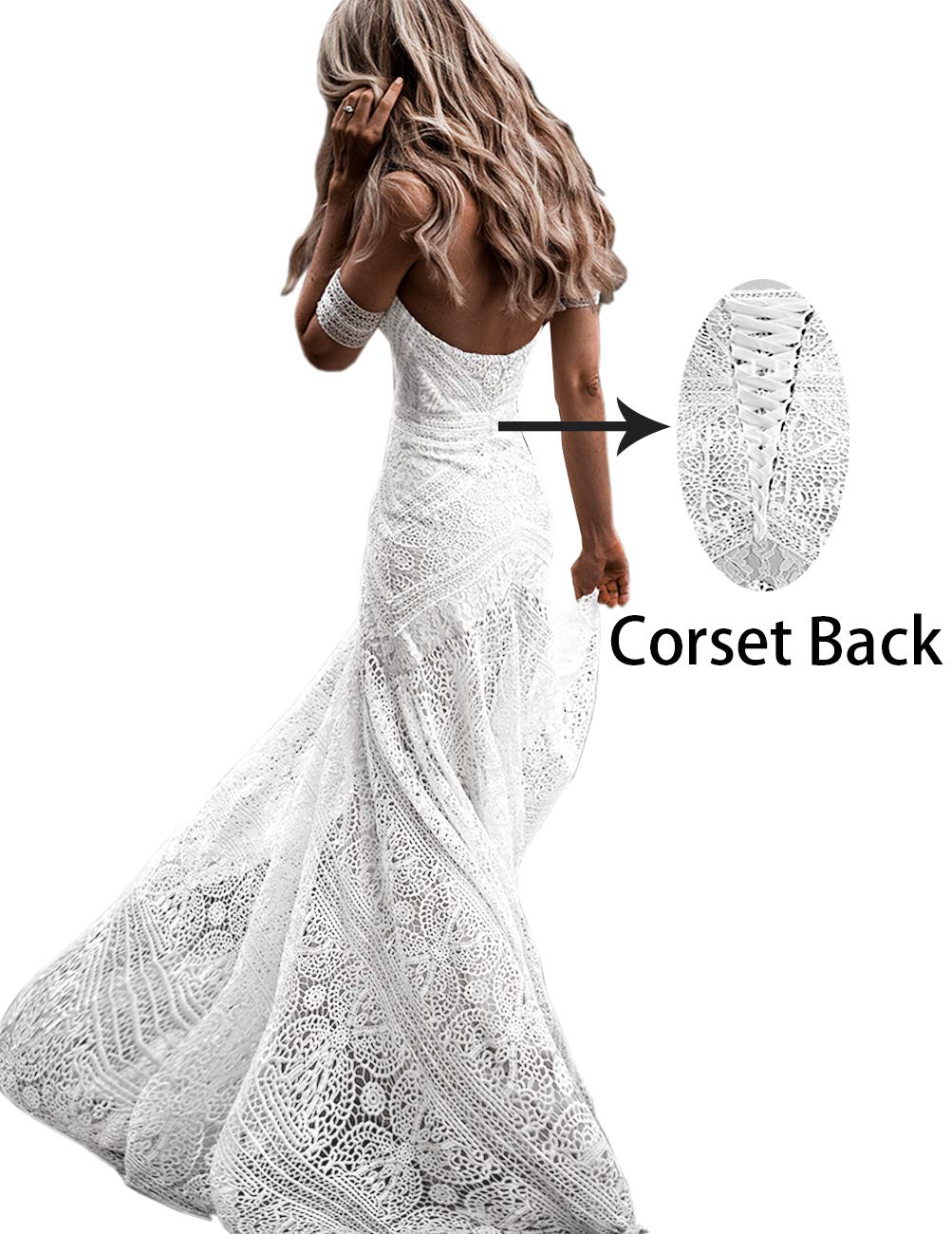 LIPOSA Women's Bohemian Wedding Dress with Detachable Arm Bands - Sweetheart Neckline Mermaid Lace Bridal Gown for Beach, Garden & Destination Weddings
