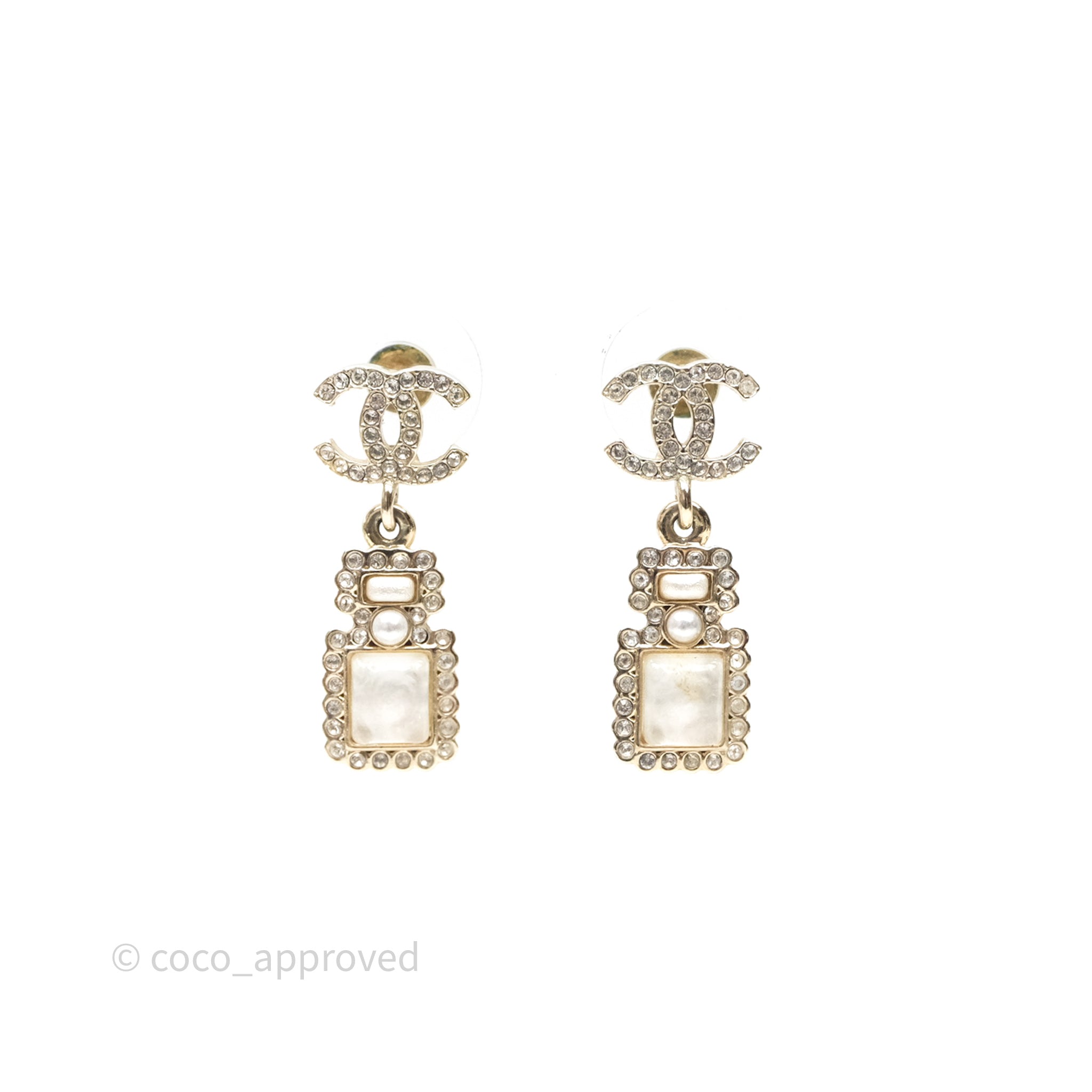 Chanel CC Crystal Perfume Bottle Earrings - 21K Gold Tone Fashion Jewelry for Women | Perfect Gift for Birthday, Anniversary & Special Occasions
