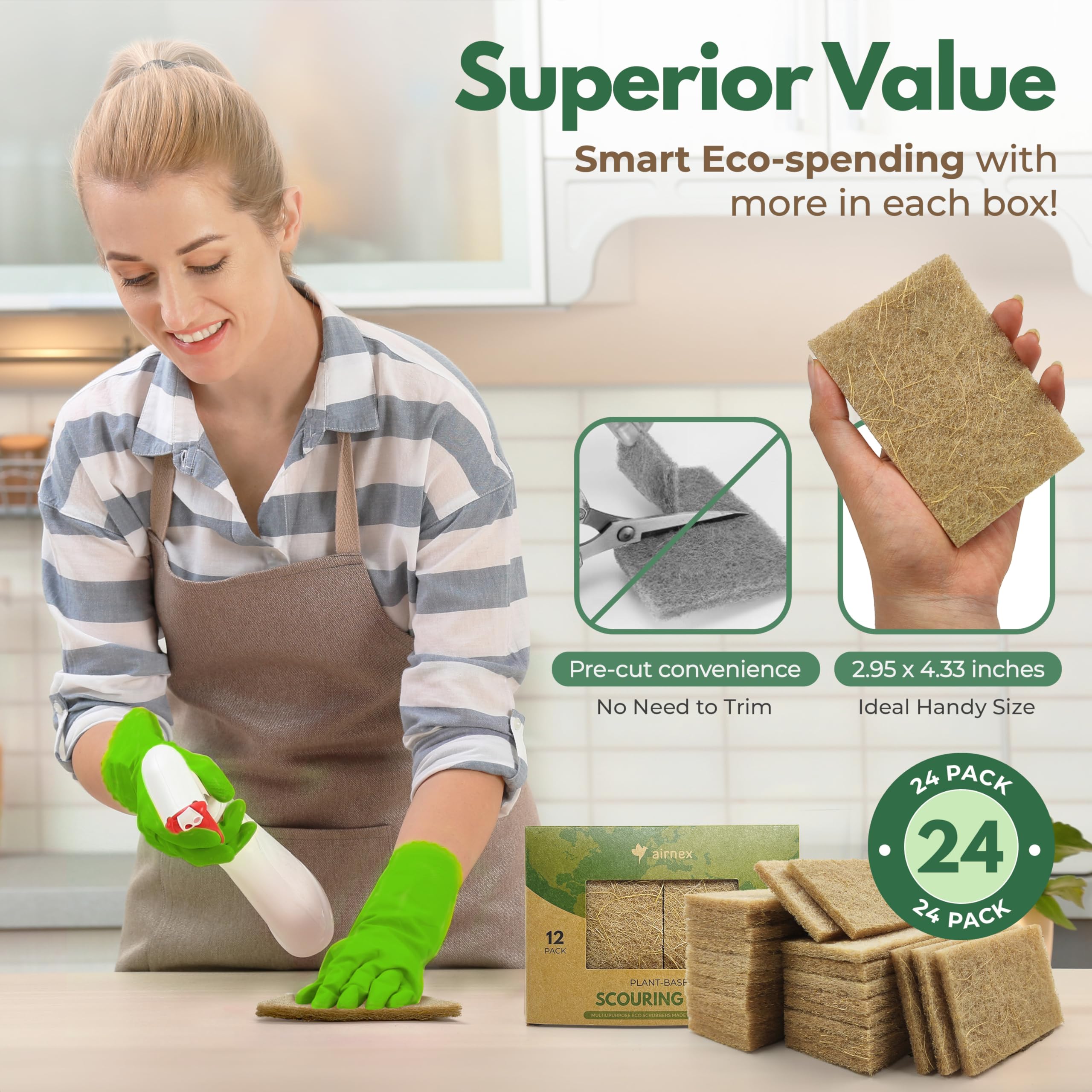 Eco-Friendly Coconut Husk Scouring Pads - 24 Pack Non-Abrasive Kitchen Scrubbers for Dishes, Pans & Pots | Heavy Duty, Non-Scratch Cleaning | Perfect for Stainless Steel, Ceramic & Glass Cookware