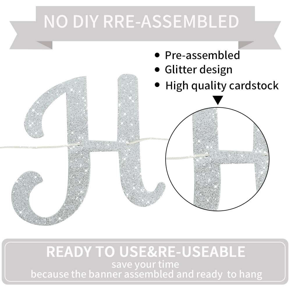 BEISHIDA 10Ft Silver Glitter Happy Birthday Banner - Pre-Strung Party Garland Sign, Birthday Backdrop Decorations for Women | Perfect for Indoor/Outdoor Birthday Parties, Baby Showers & Anniversary Celebrations