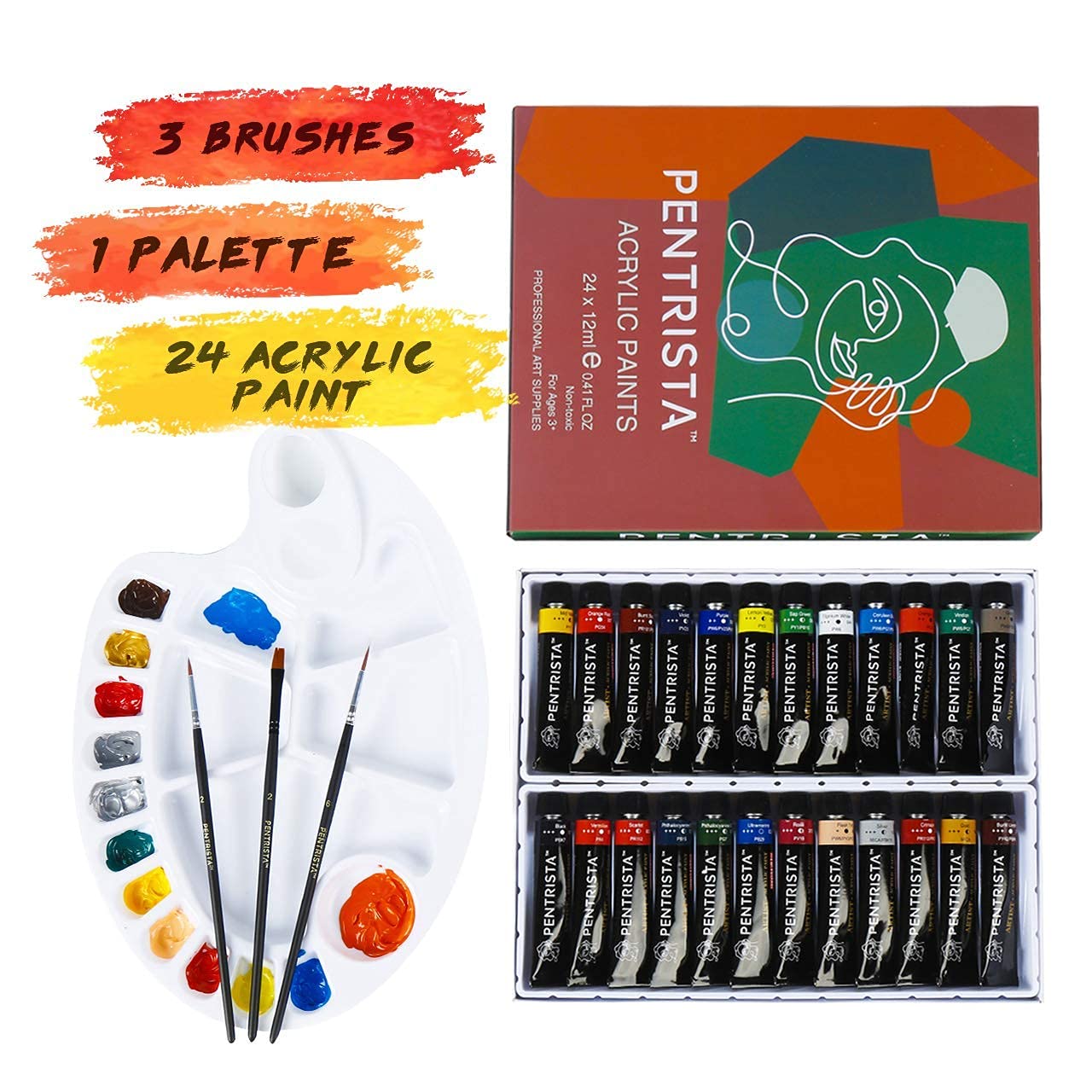 Acrylic Painting Kit for Adults - 24 Rich Colors Artist Quality Paint Set with 3 Brushes & Palette, Non-Fading Quick-Drying Craft Paints for Canvas Wood Rock Painting, Perfect Gift for Artists & Hobby Painters - Ideal for Home Decor, DIY Projects & Art Classes