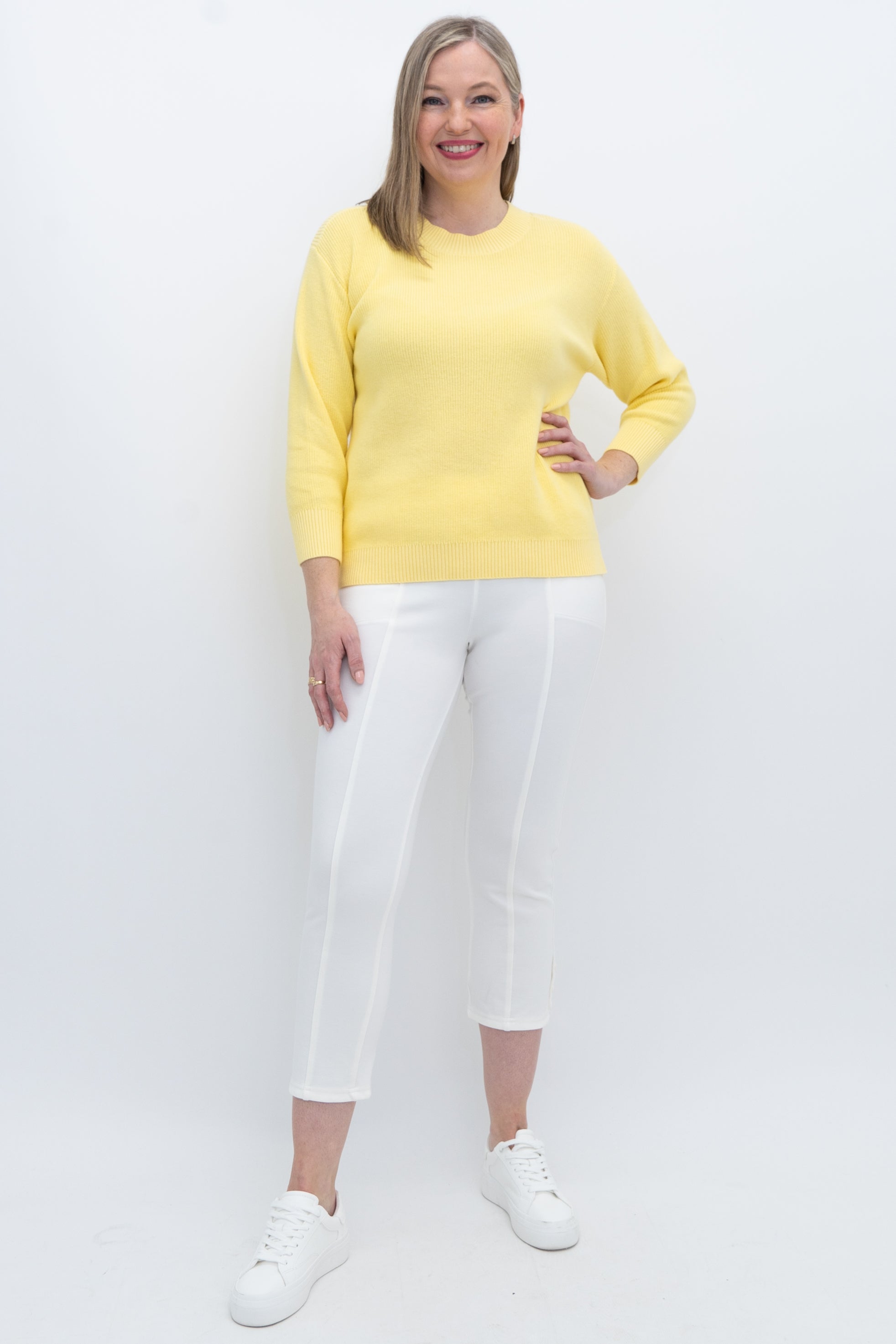 Brooklyn Sweater - Soft Yellow Cotton Knit Pullover for Women | Cozy Casual Wear for Fall & Winter