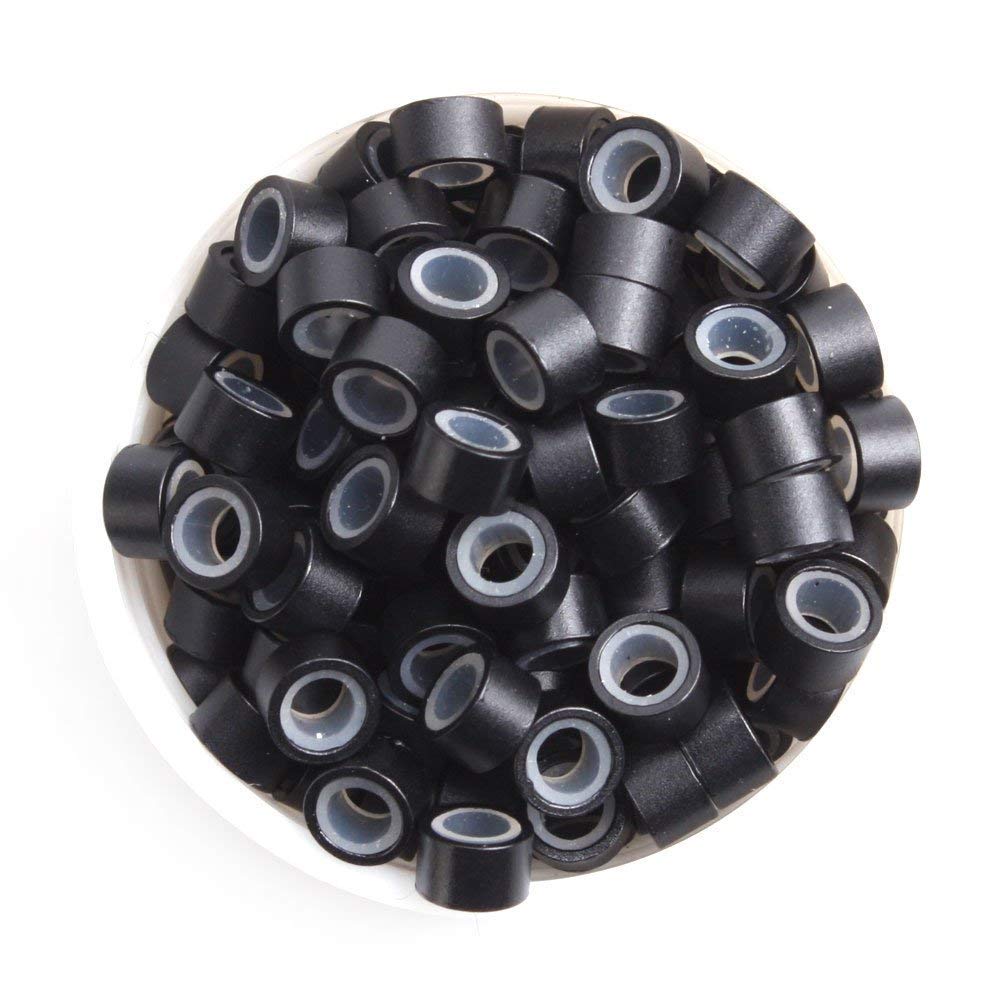 SkyHair Micro Rings for Hair Extensions - 100pcs Black Aluminum & Silicone Beads (5.0x3.0x3.0mm) - Secure Hair Extension Tips for Natural Feather Hair - Perfect for Salon, DIY Styling & Hair Thickening