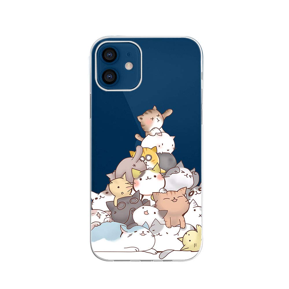 Cute Cat Pattern Transparent Soft TPU Protective Case for iPhone 12 Pro (6.1 Inch) - Fun Cartoon Animal Style Clear Phone Cover for Women & Girls | Perfect for Daily Use, School, Work & Travel (Cat Pile Design)