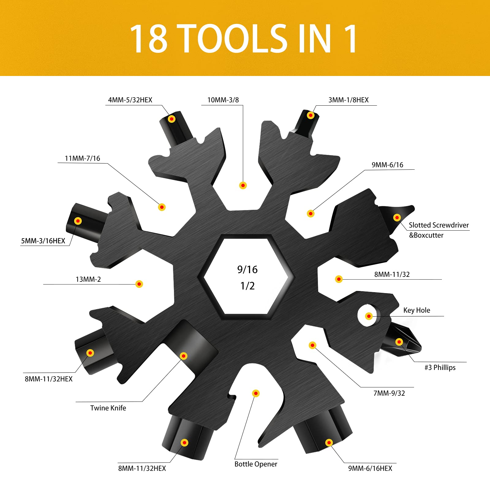 FZENeast 18-in-1 Stainless Steel Snowflake Multitool Set (3 Pack) - Snowflake Wrench with Key Ring, Carabiner Clip & Storage Bag - Black - Perfect for Camping, Hiking, Emergency Kits & Outdoor Adventures