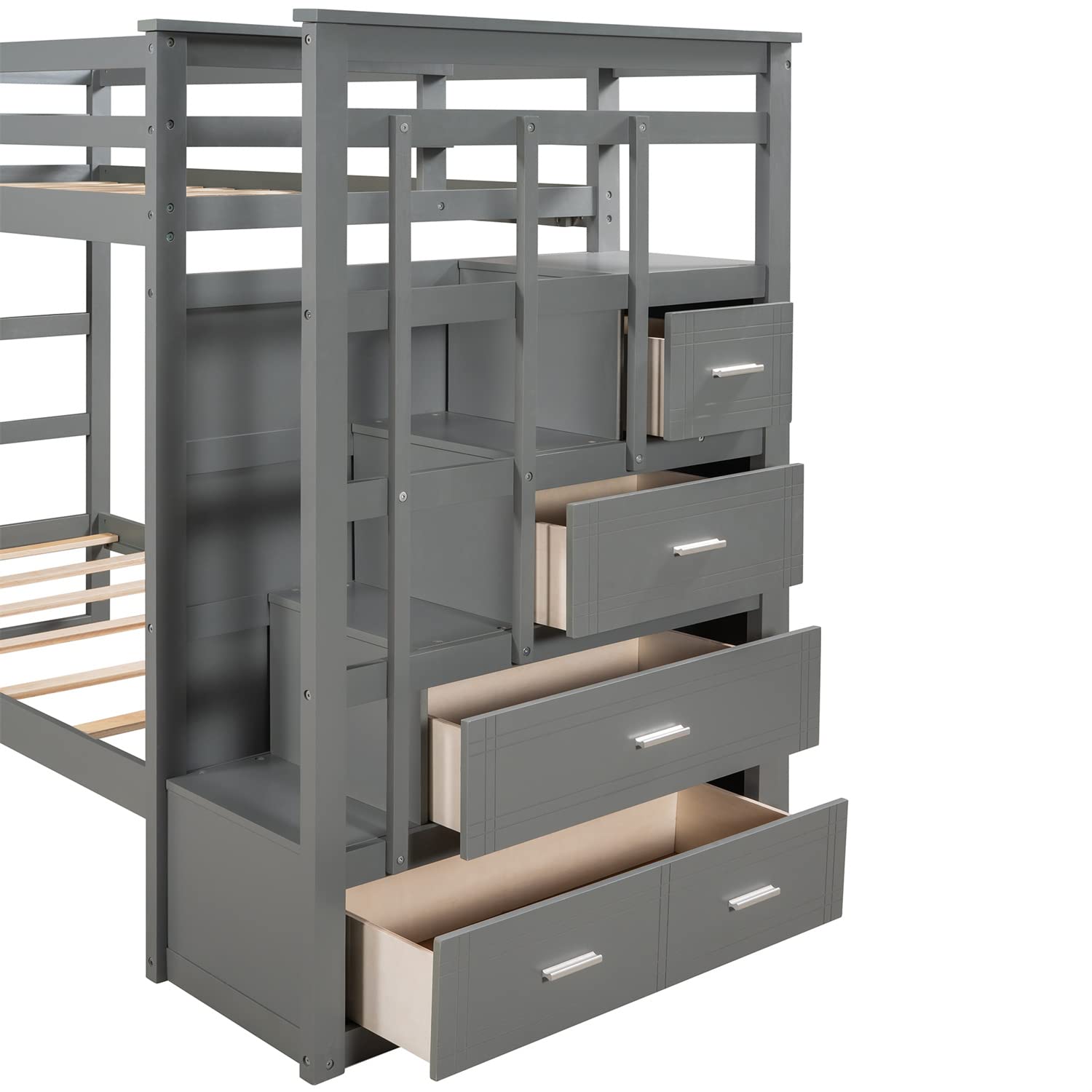 Twin Over Twin Bunk Beds with Trundle & Stairs - Wooden Storage Bunk Bed Frame with 4 Drawers for Kids, Teens, Boys & Girls - Space-Saving Solution for Small Bedrooms & Shared Kids' Rooms (Gray)