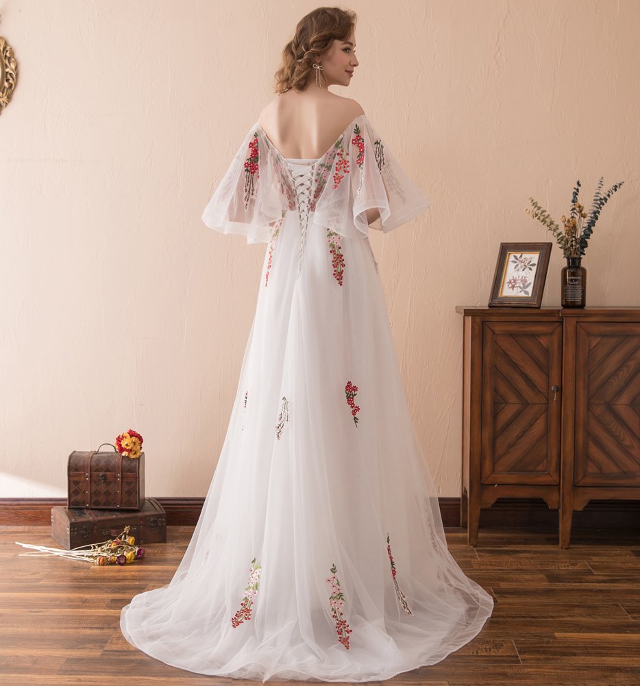 Elegant Off Shoulder Embroidered Wedding Dress for Women - US Size 20W White - Flouncing Sleeve Evening Gown for Bridal, Prom, Formal Events & Special Occasions - Perfect for Beach Weddings, Anniversary Dinners and Red Carpet Events