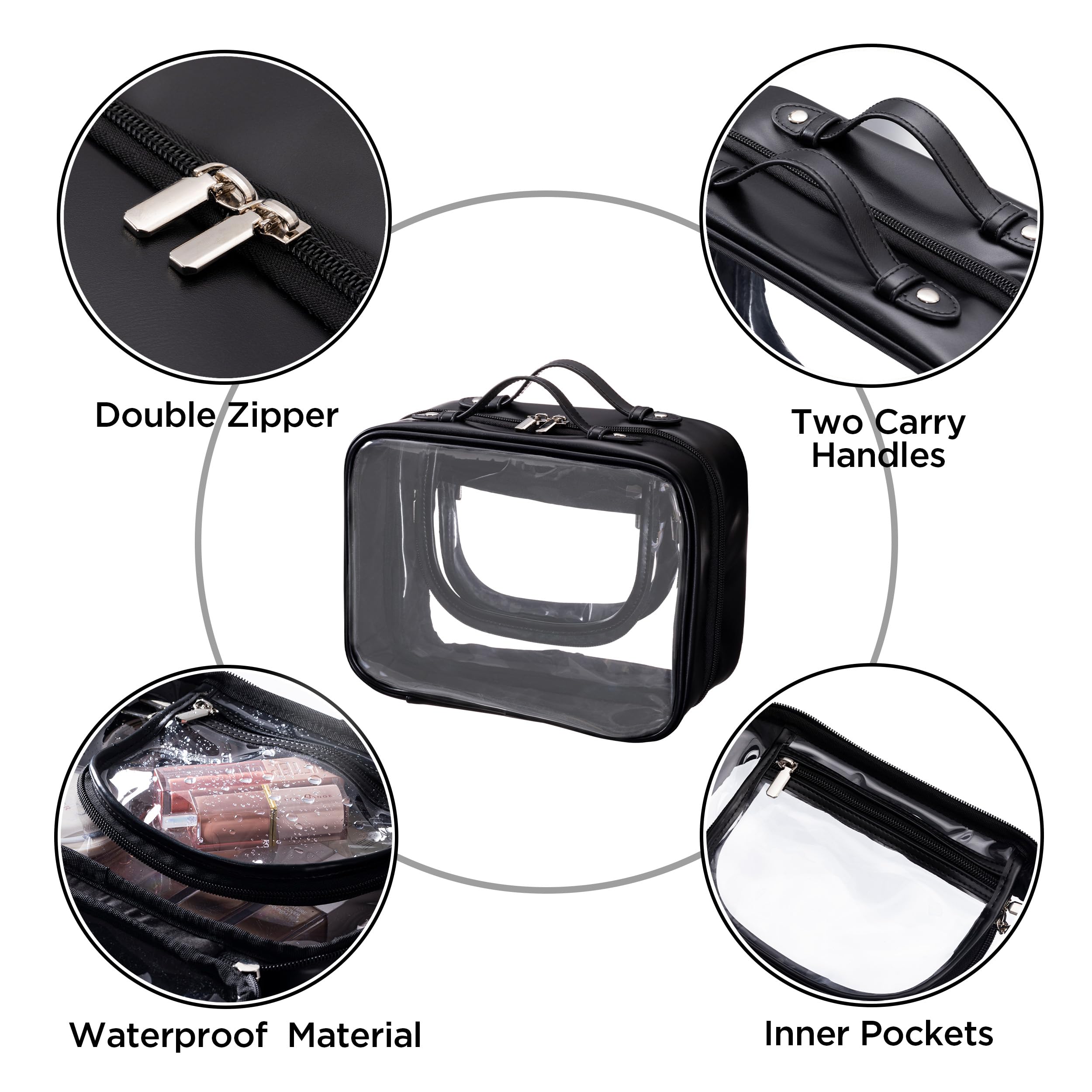 HBselect TSA Approved Clear Travel Toiletry Bag for Women - Large Black Waterproof Makeup Organizer Cosmetic Bag for Airplane Carry-on, Gym, Vacation & Business Trips