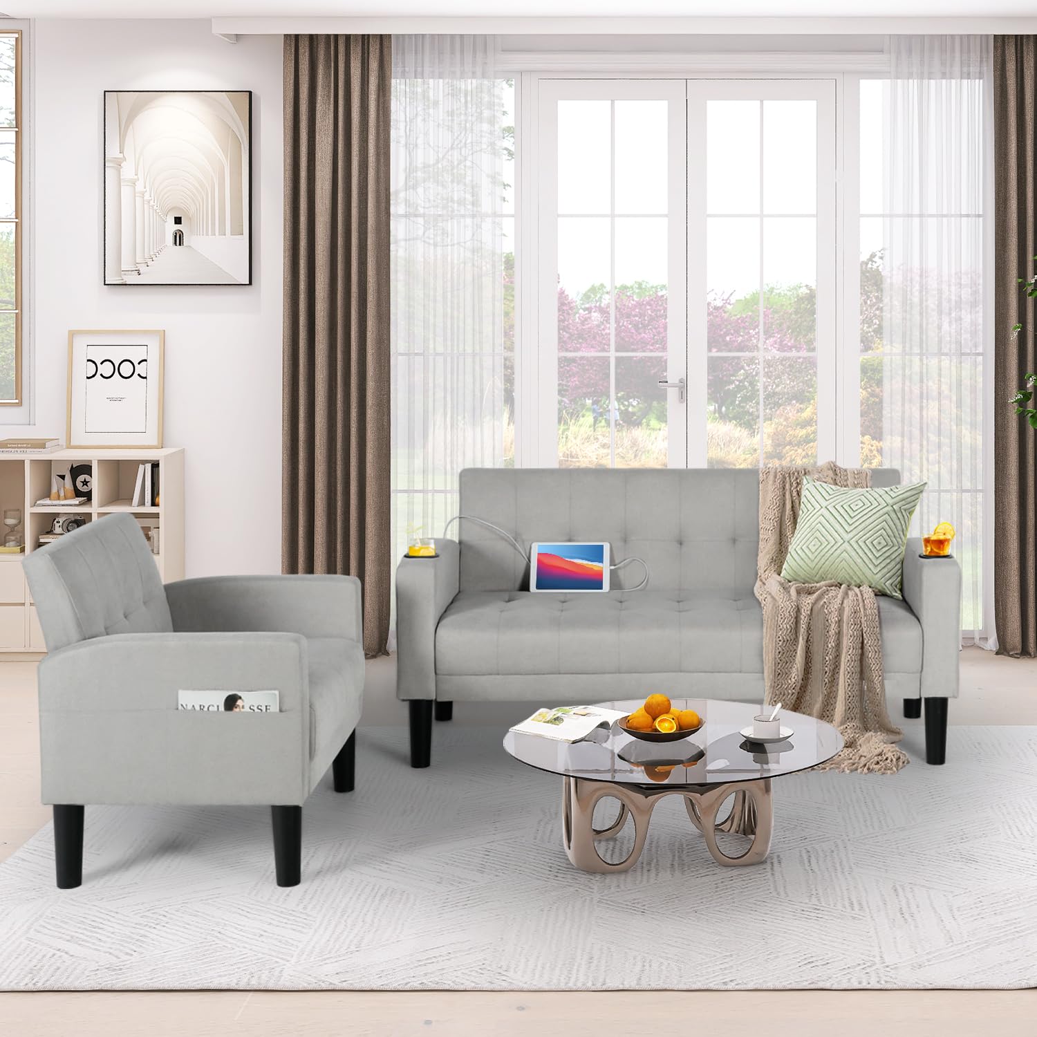 AILEEKISS 2-Piece Modern Fabric Sectional Sofa Set with USB Chargers, Cup Holders & Side Pockets - Loveseat & Single Seat Couch for Living Room, Apartment, Office (Light Grey) | Perfect for Small Spaces, Movie Nights & Home Decor