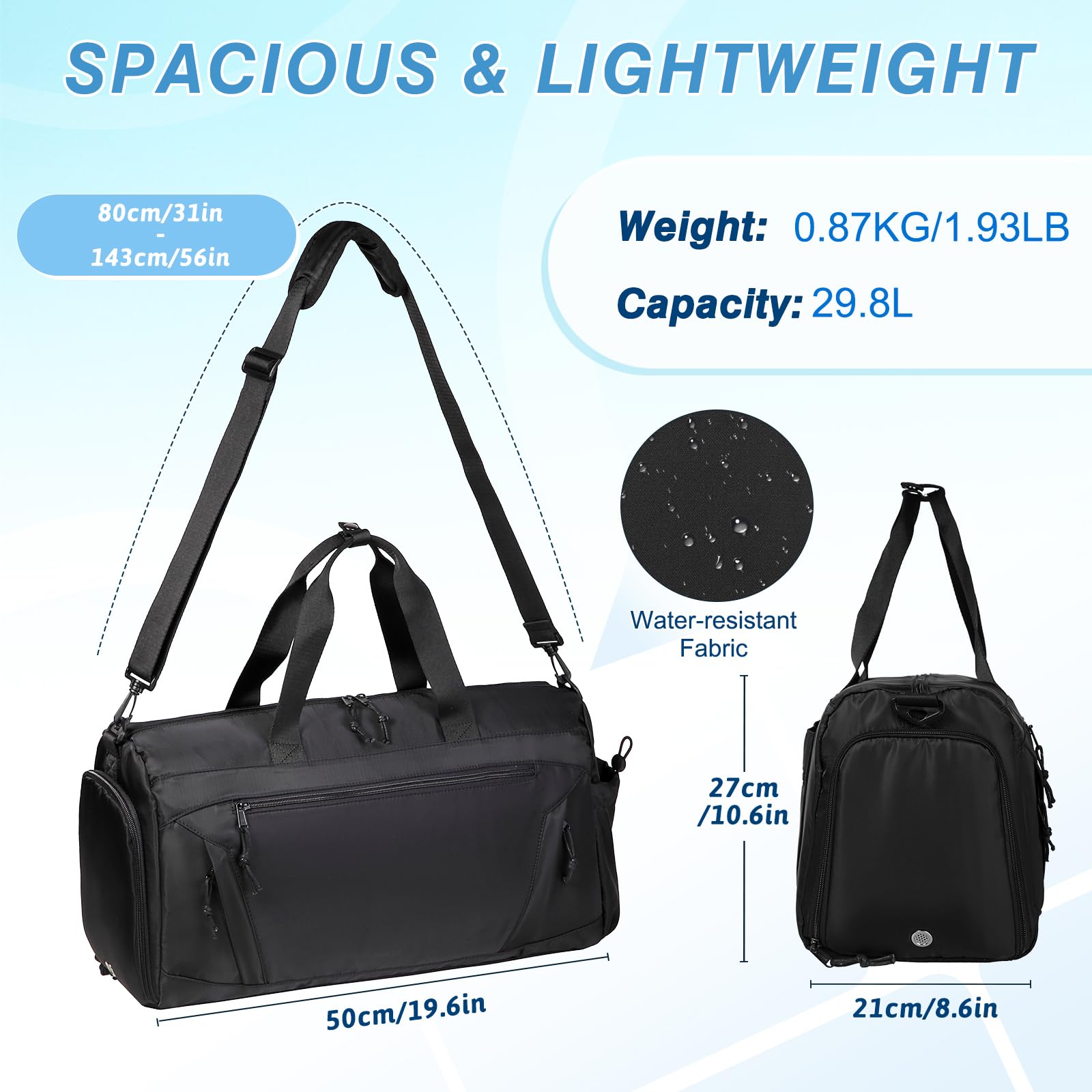 Vaschy 20in Medium Weekender Duffle Bag for Travel, Gym & Yoga - Water-Resistant Carry-On Overnight Bag with Shoe Compartment & Luggage Sleeve - Perfect for Women & Men (Black) | Ideal for Weekend Getaways, Fitness Sessions & Business Trips