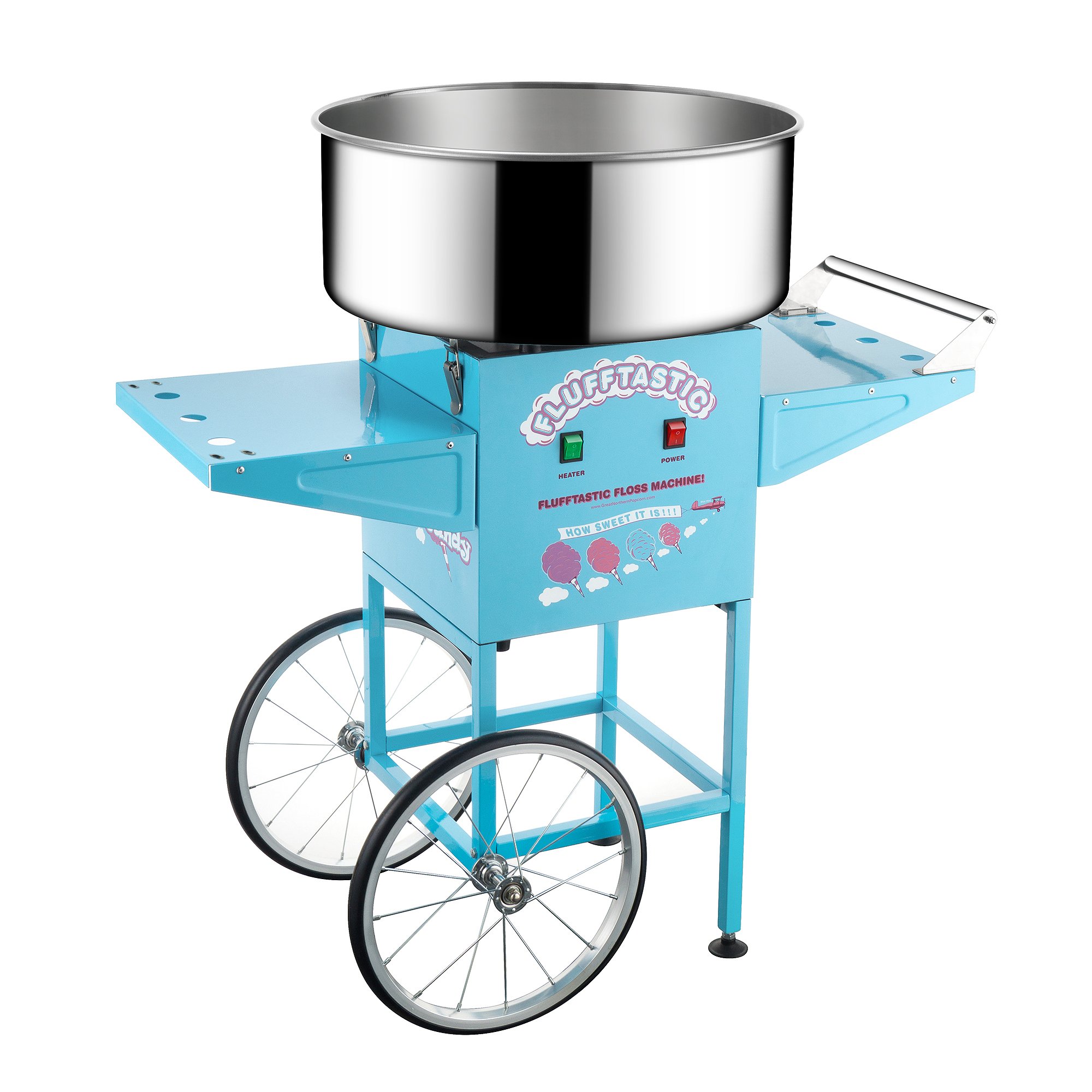 Great Northern Popcorn 1000W Cotton Candy Machine with Cart - Stainless Steel Bowl, Side Trays & 13