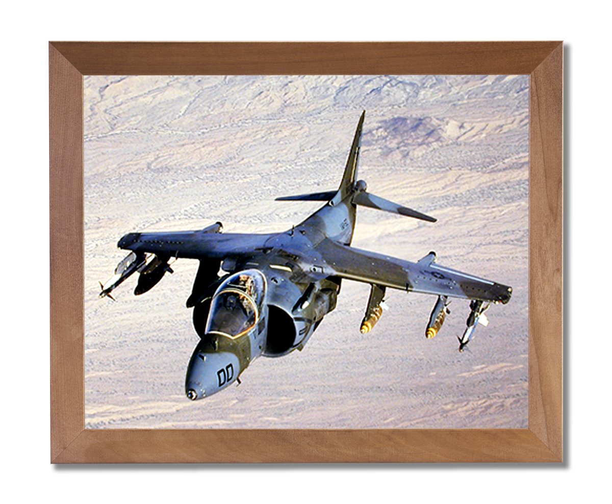 AV-8B Harrier II Military Jet Fighter Aircraft Wall Art - Premium Honey Framed Canvas Print for Home, Office & Man Cave Decor
