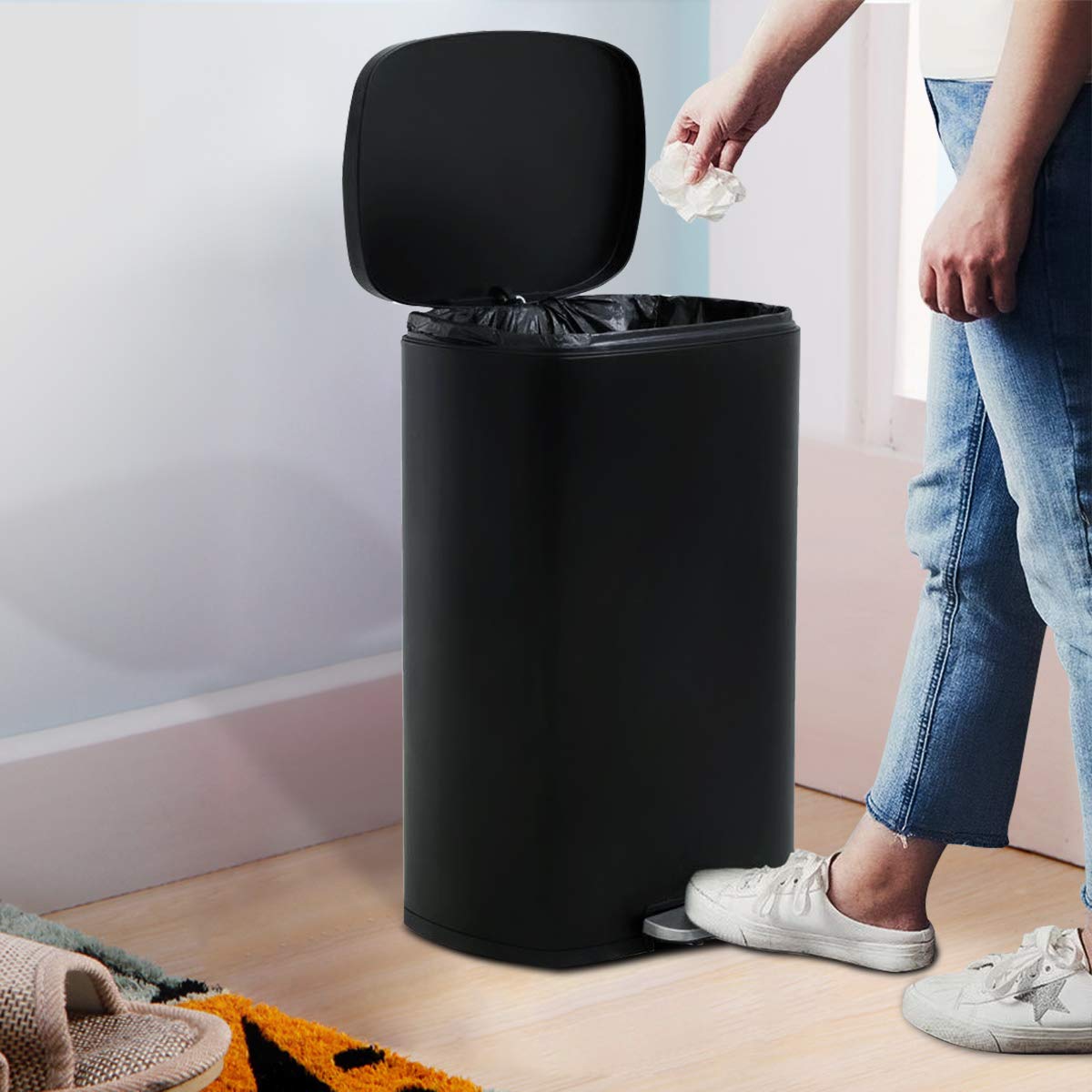 13 Gallon Step Open Trash Can with Foot Pedal - 50L Anti-Fingerprint Kitchen Garbage Bin with Liner - Perfect for Living Room, Bedroom, Bathroom & Office Waste Disposal