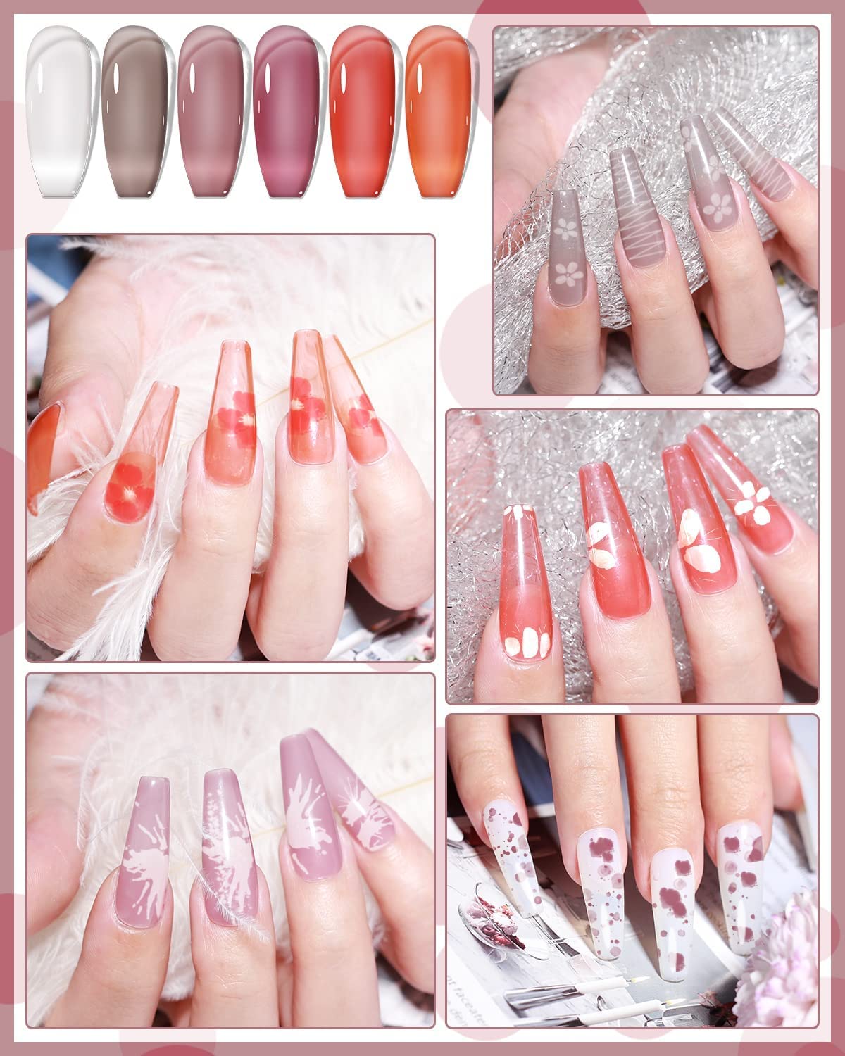 Biutee 6 Colors Transparent Jelly Gel Nail Polish Set - Sheer Nude Translucent Soak Off UV LED Gel Polish for Nail Art, Salon & Home DIY - Perfect for French Manicure, Ombre Designs & Everyday Wear