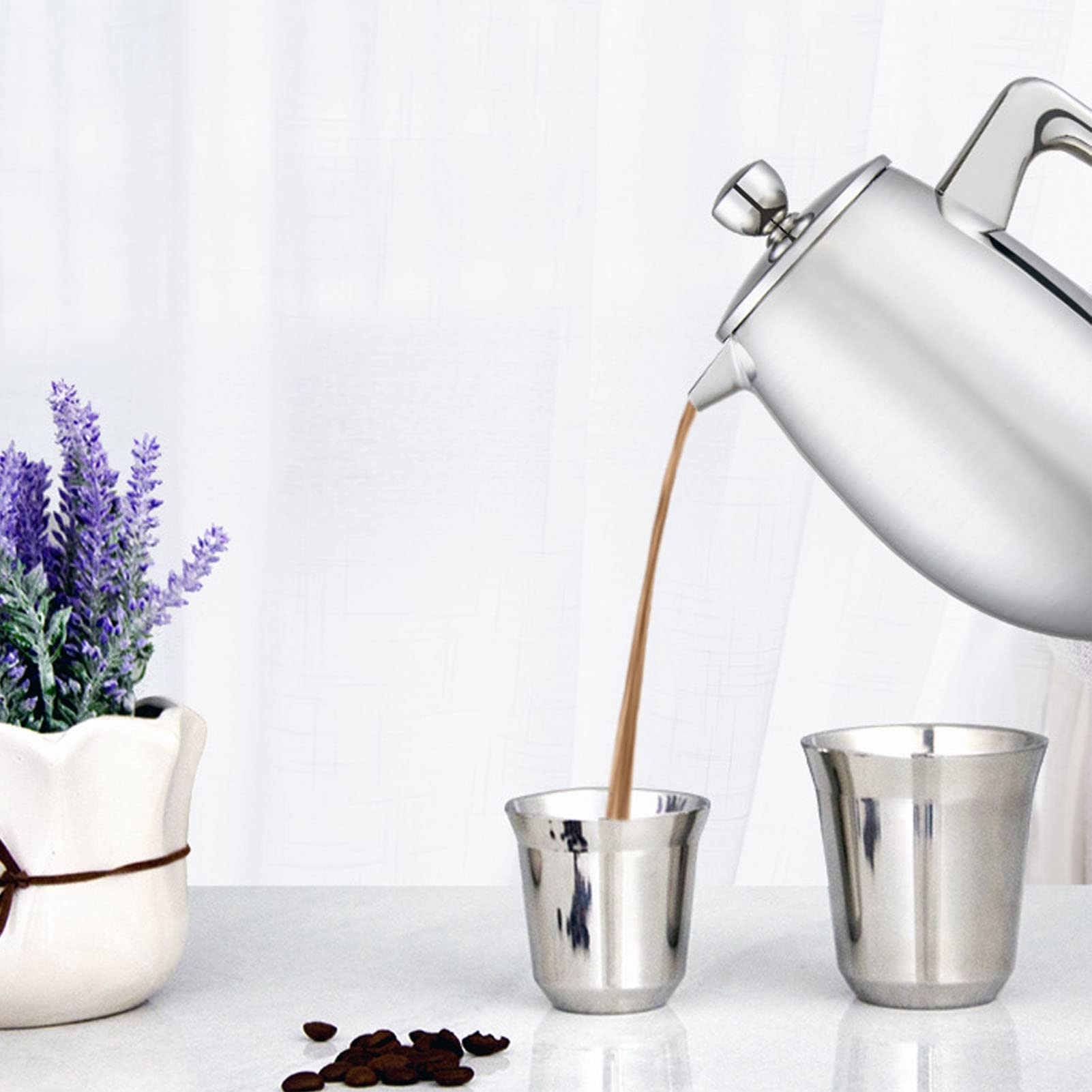Premium 304 Stainless Steel French Press Coffee Maker - 11oz/350ml Insulated Coffee Press with Spoon, Heat-Resistant Borosilicate Glass for Hot & Cold Brew - Perfect for Camping, Travel, Office & Home Use