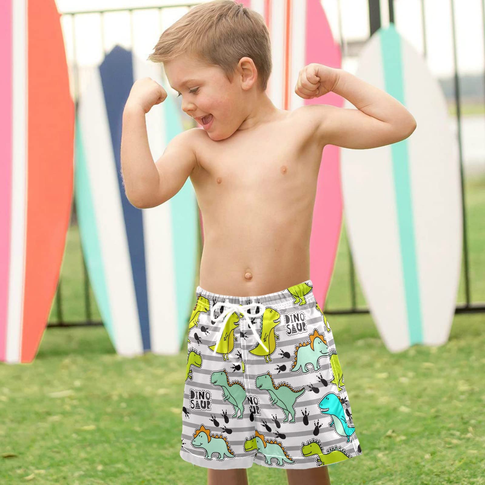 **Visesunny Boys' Dino & Footprint Grey Stripe Swim Trunks - Toddler Bathing Suits for Kids, Baby Boy Swimsuit - Perfect for Pool, Beach & Summer Water Play**
