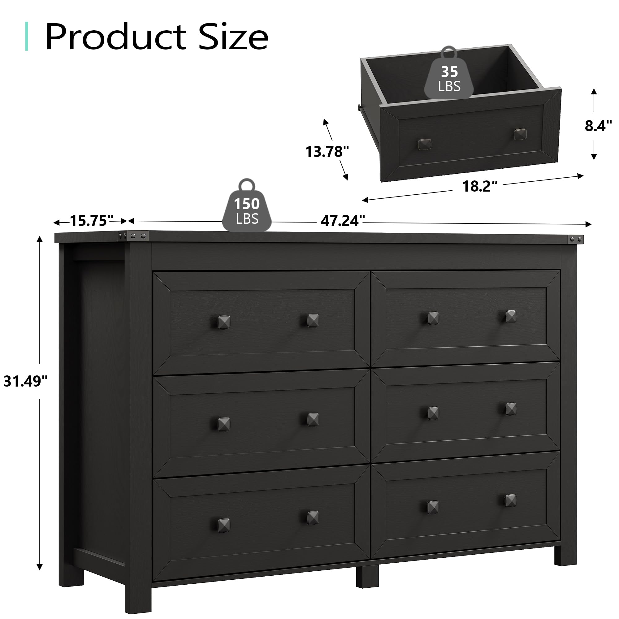 6-Drawer Farmhouse Dresser for Bedroom - Solid Wood Chest of Drawers with Metal Handles | Wide TV Stand & Closet Storage Organizer | Perfect for Hallway, Living Room & Entryway | Modern Black Furniture for Home Organization
