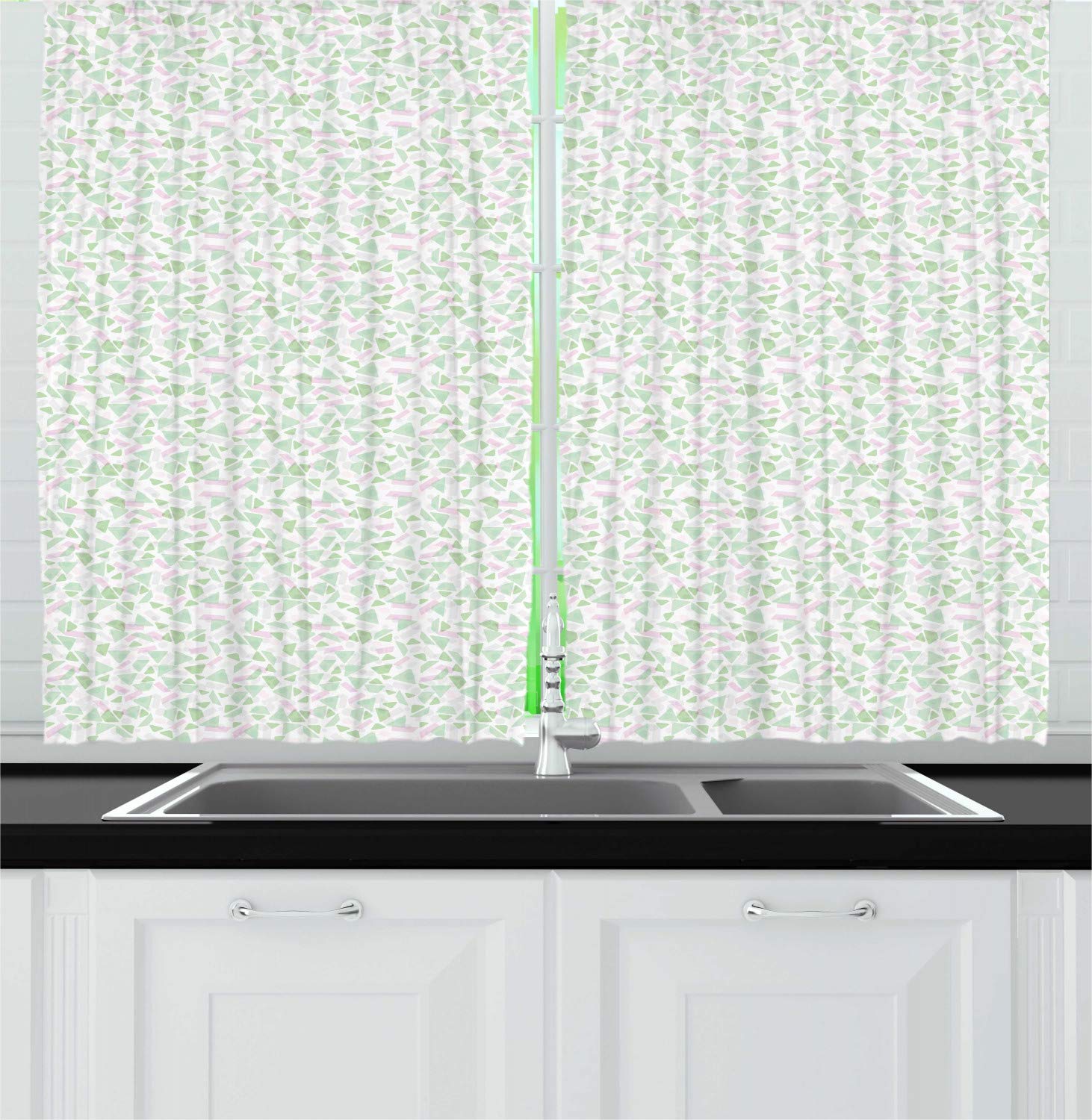 Ambesonne Abstract Kitchen Curtains - Modern Geometric Polygonal Design with Soft Mint Green & Pale Pink Colors, 55