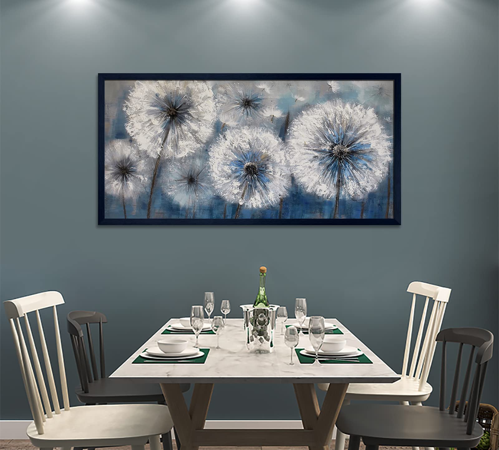 Blue Dandelion Canvas Wall Art - Large Framed Modern Flower Painting (29x58 Inches) for Living Room, Bedroom Decor - Perfect Above Bed, Sofa or Office Wall Decor